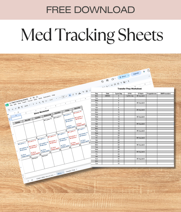 A digital image of free downloadable med tracking sheets for tracking medication schedules and transfer prep, displayed on a wooden surface.