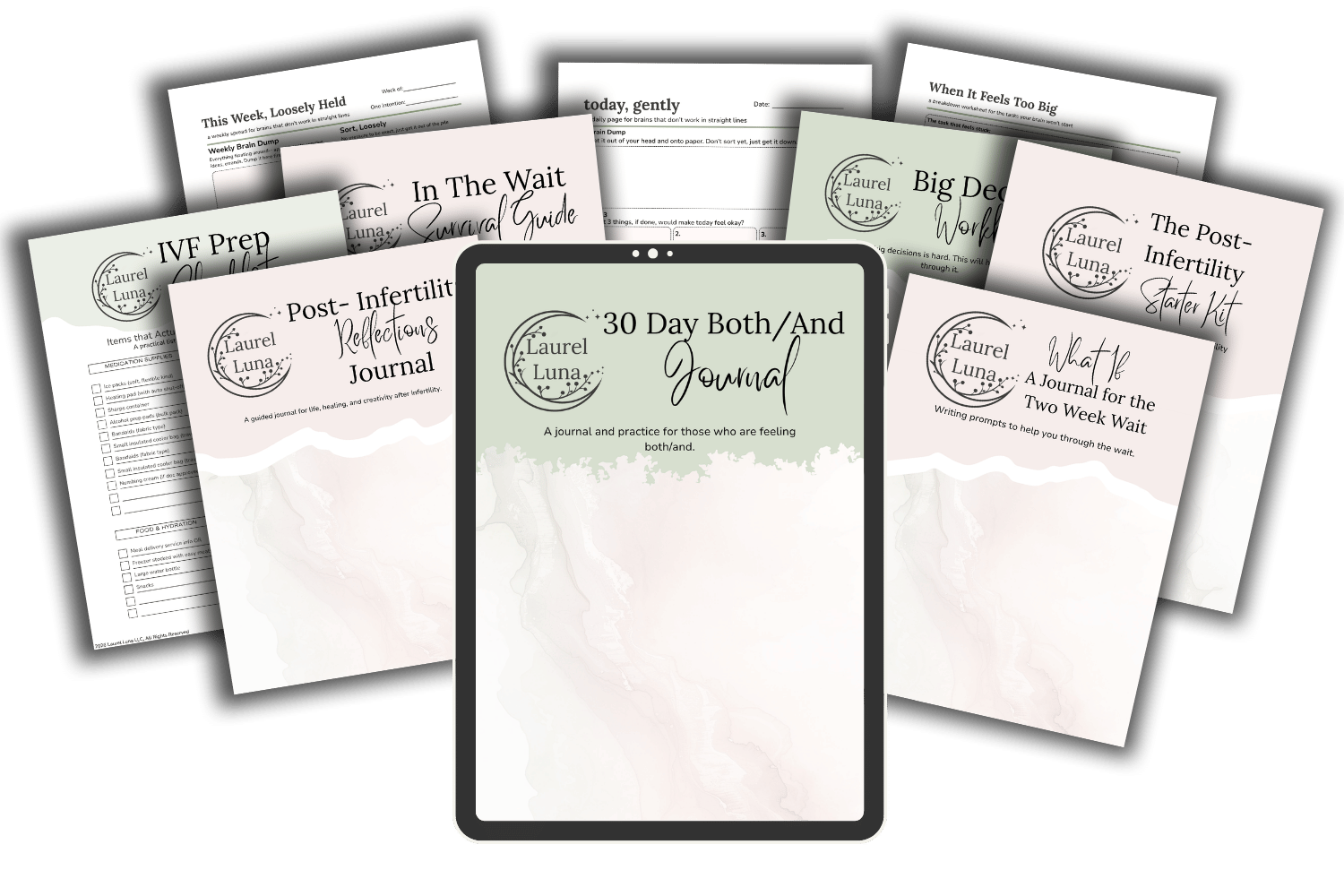 Collection of health and fertility planning sheets, booklets, and a digital journal titled '30 Day Both/And Journal' by Laurel Luna, focused on fertility, infertility, and emotional support.