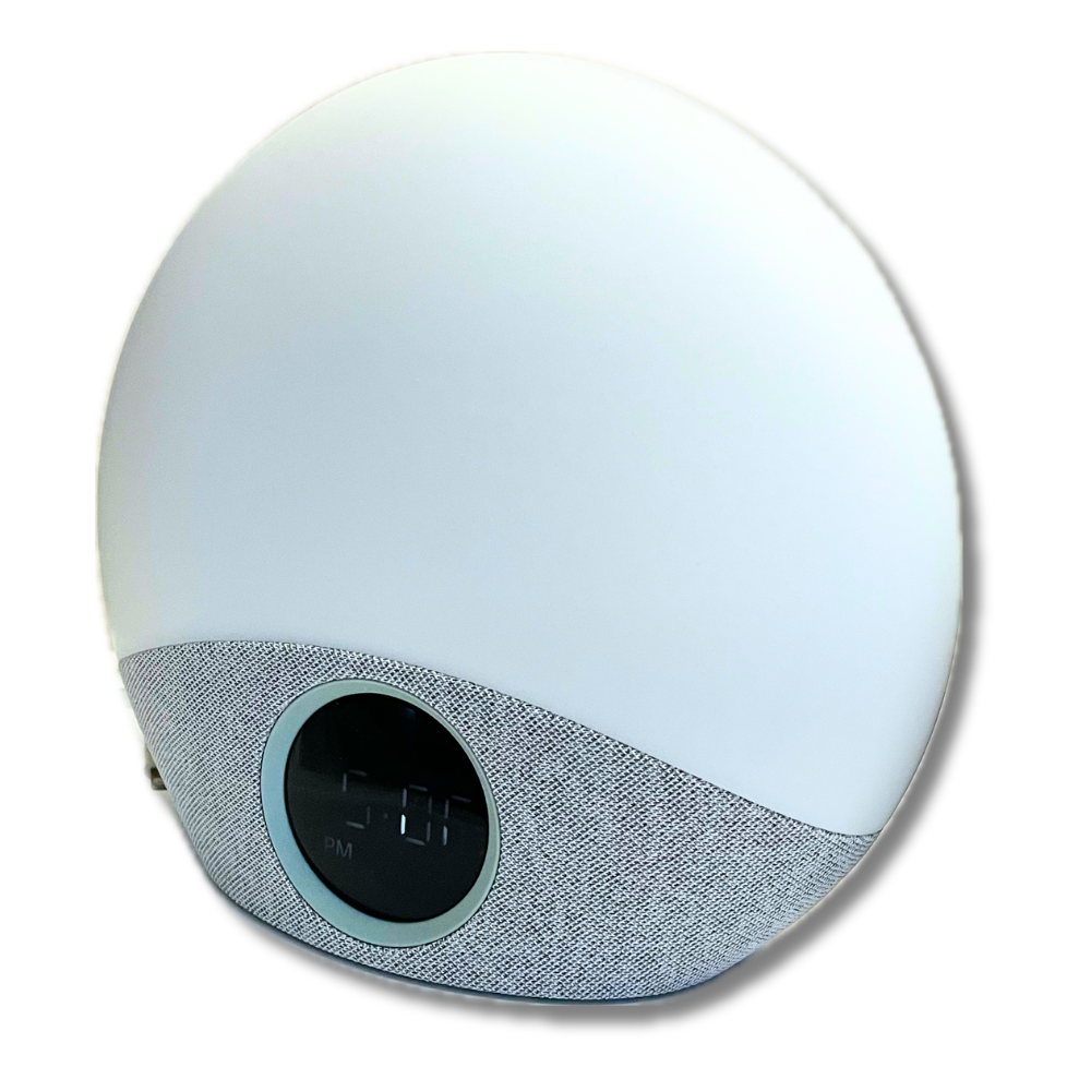 gray and white sound machine with clock