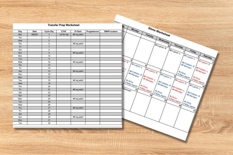Two sheets of medical transfer and stool tracking worksheets on a wooden surface.
