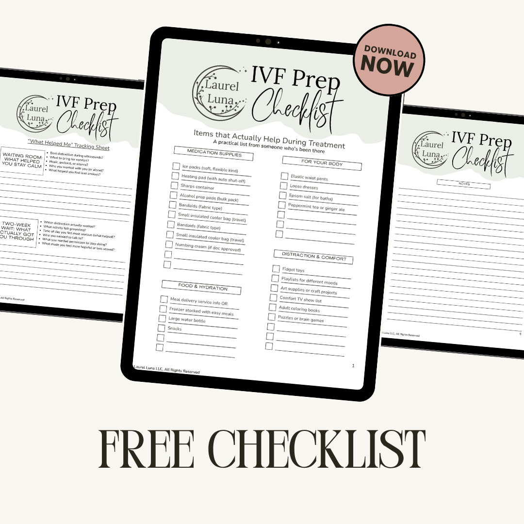Image of a downloadable IVF prep checklist titled 'IVF Prep Checklist' with sections for medication supplies, food and hydration, for your body, distraction and comfort, and notes. The background shows two other similar checklists and the text 'FREE CHECKLIST' at the bottom.
