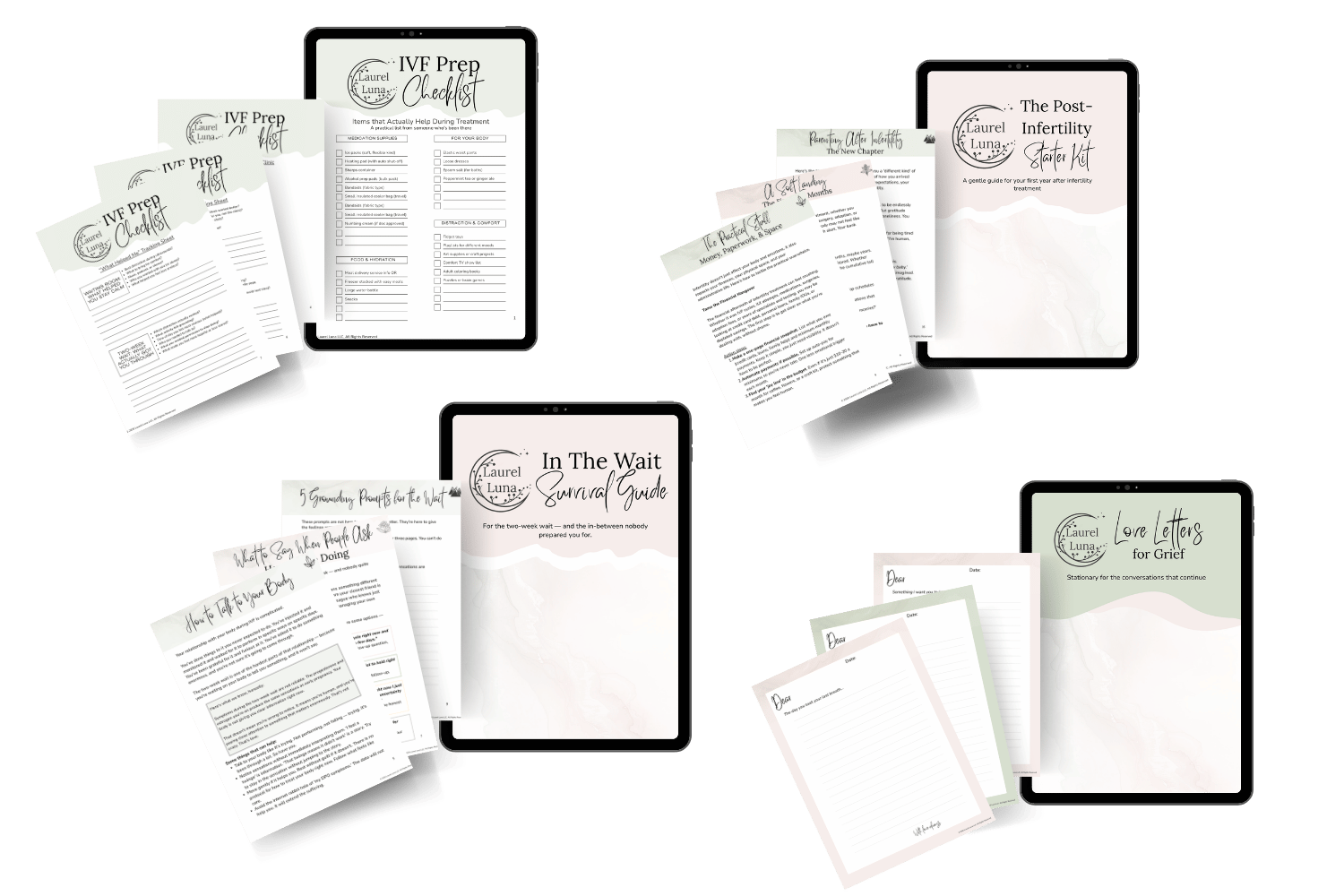 Collection of digital and paper resources for fertility, grief, and waiting support, including checklists, guides, letter templates, and informational booklets from Laurel Luna.