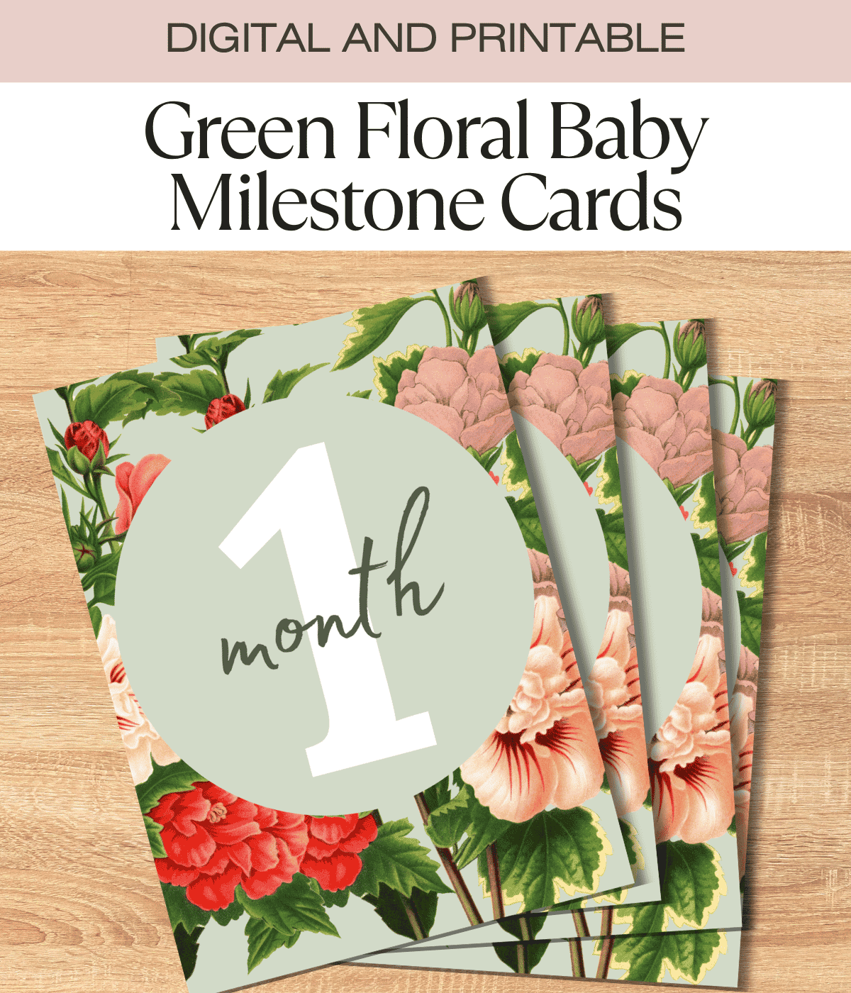 Green Floral Baby Milestone Cards | 1 Month–1 Year | Printable Digital Download