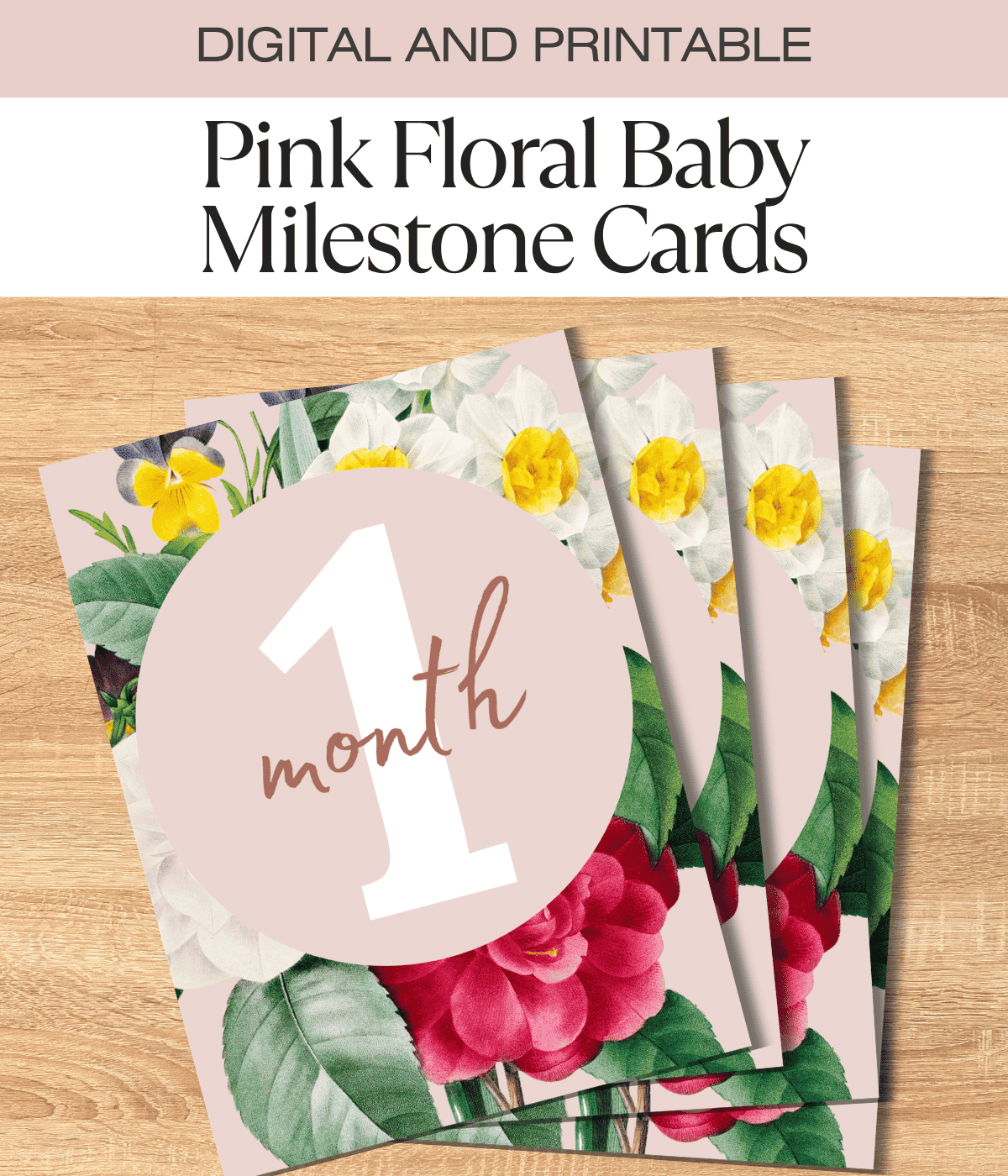 Pink Floral Baby Milestone Cards | 1 Month–1 Year | Printable Digital Download