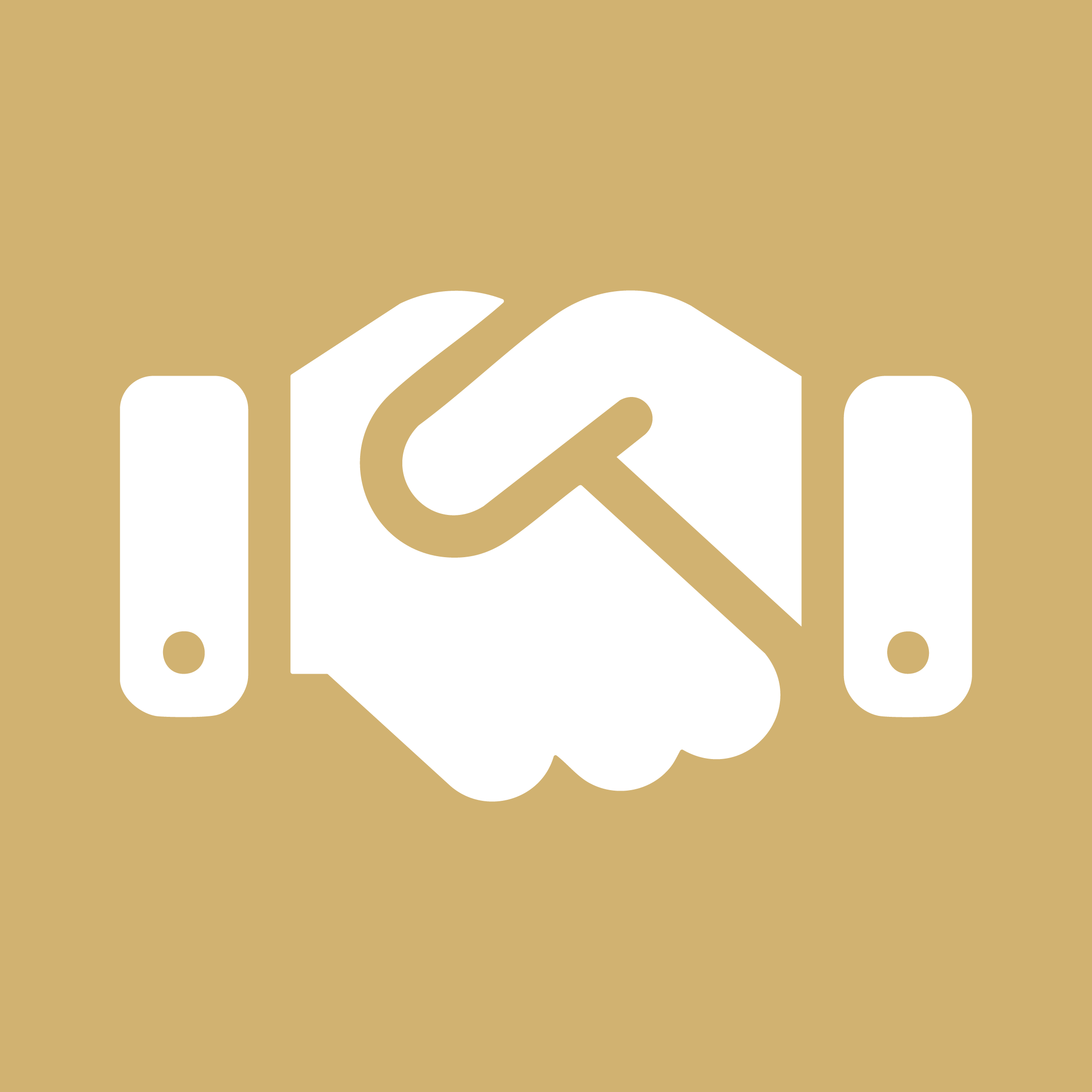Graphic of a white handshake icon on a gold background.