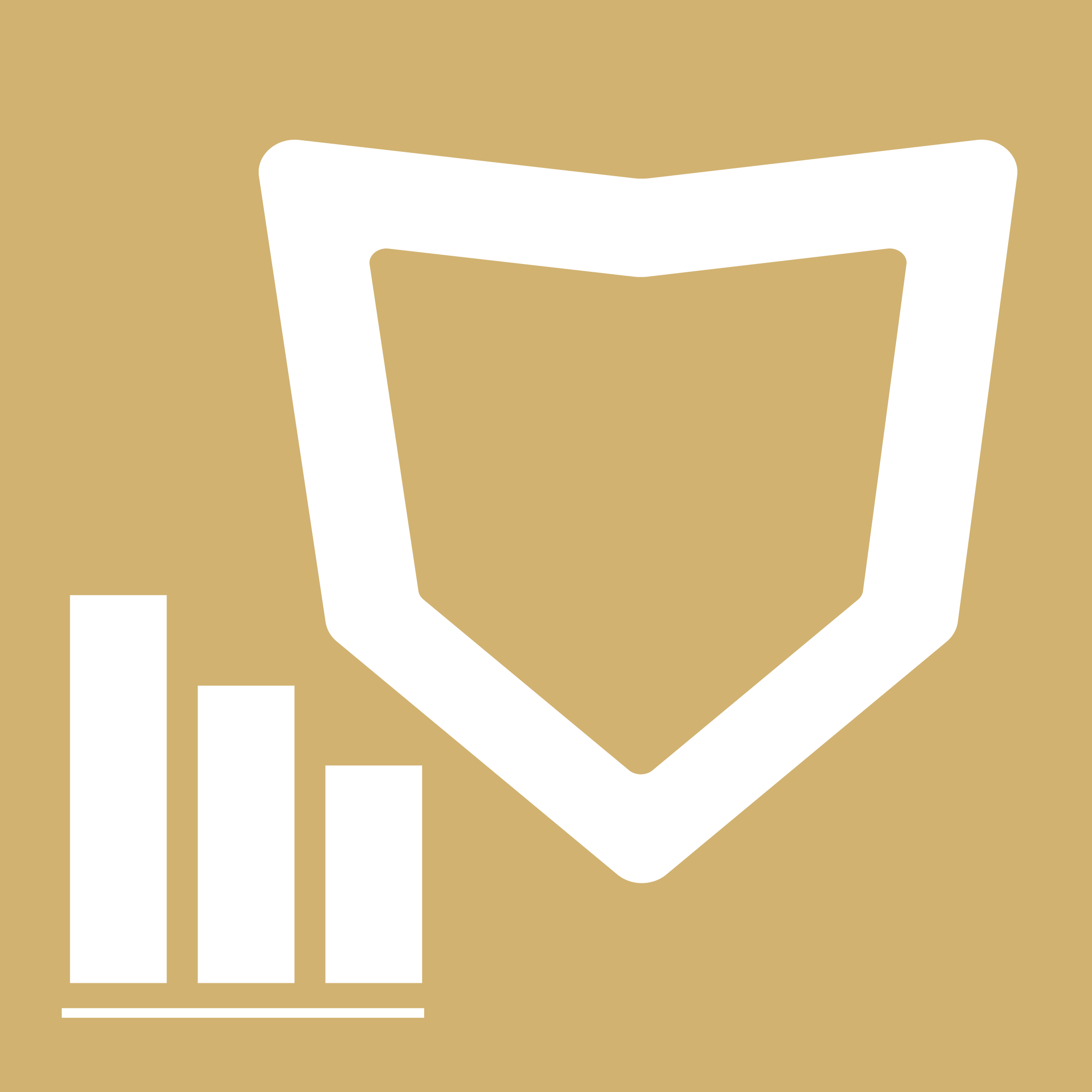 Simplified white shield icon with bar graph on a gold background.