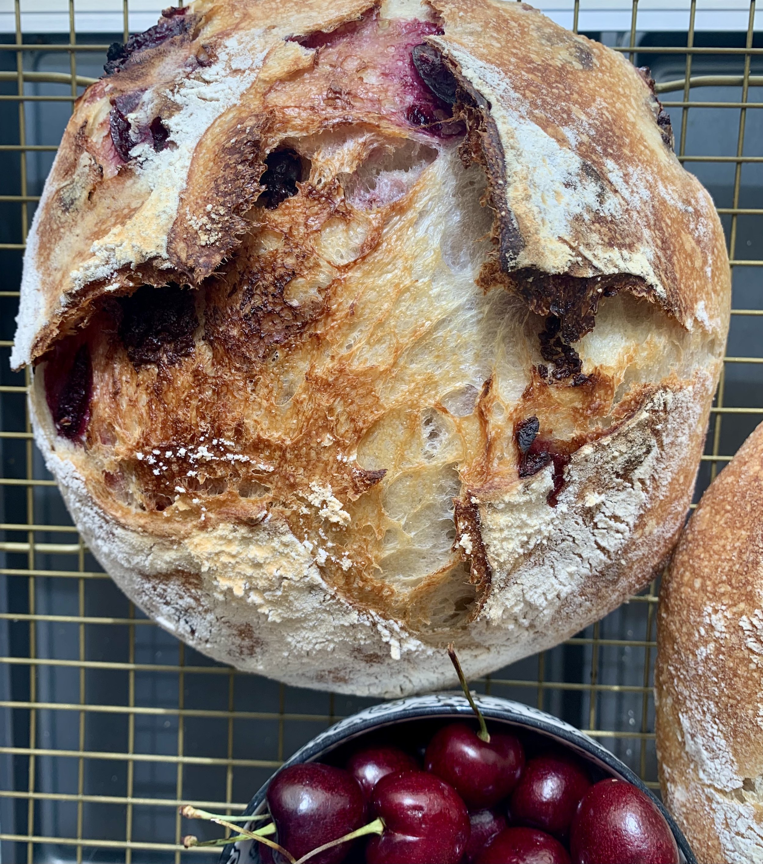 A round rustic sourdough bread with a cracked top, some dark cherries in a bowl below, on a wire cooling rack.