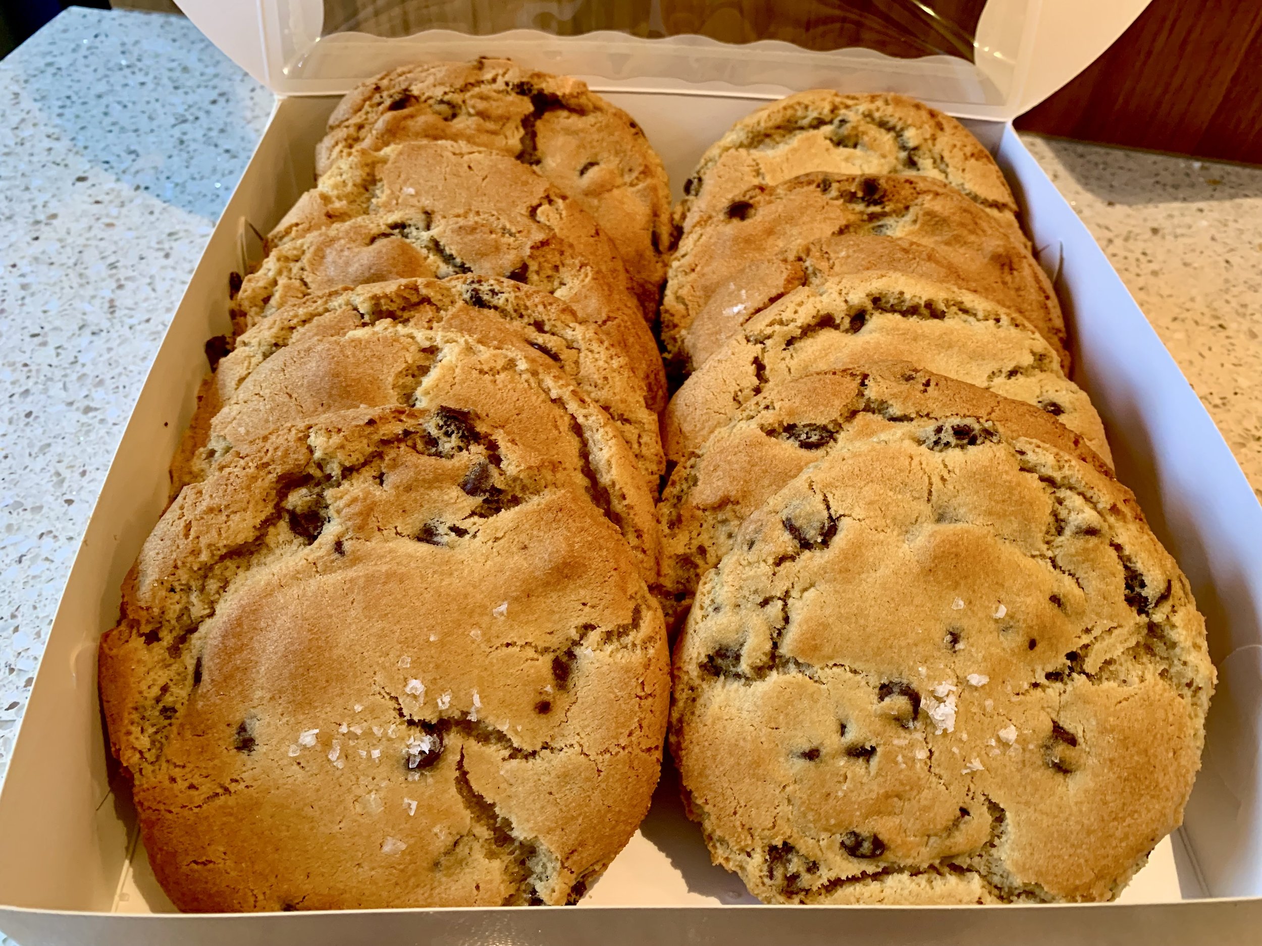Box of freshly baked chocolate chip cookies in a white container on a speckled countertop.