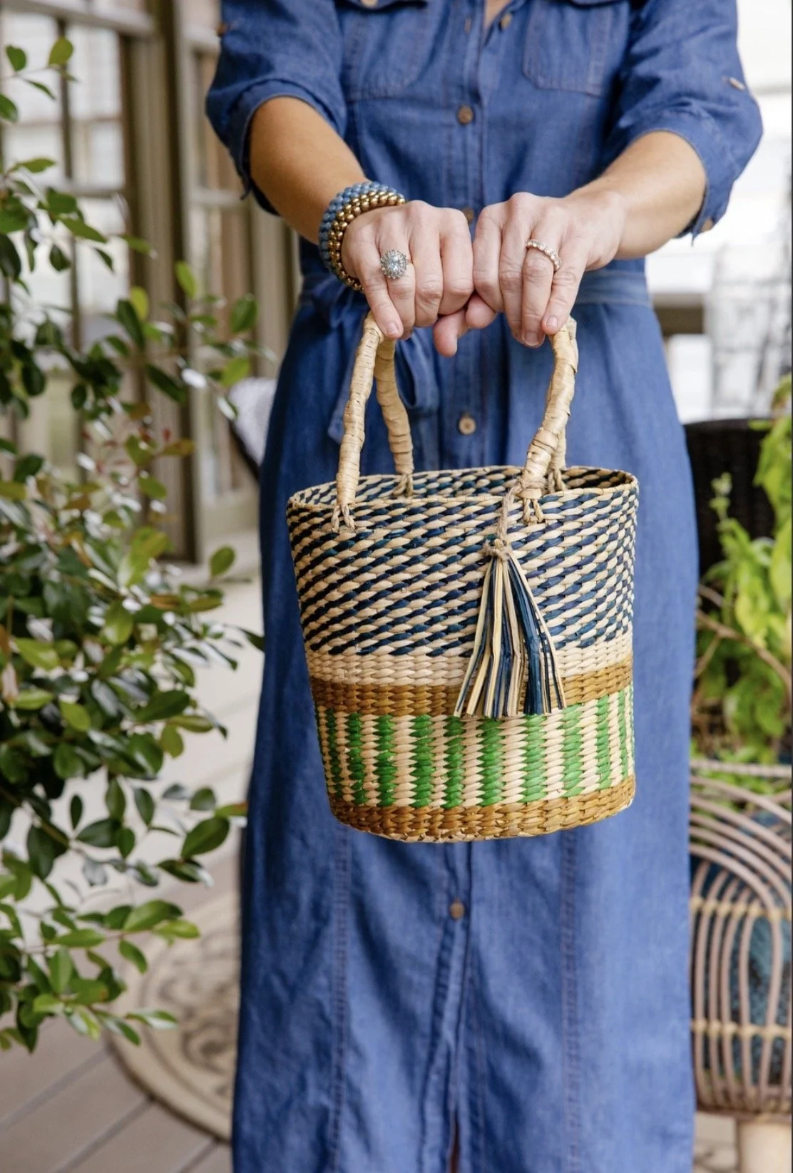 Striped Pathi Grass Basket Tote