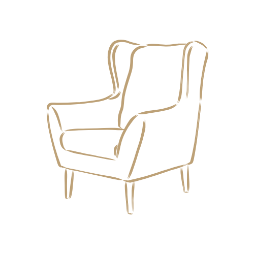 Line drawing of an armchair with a high back, curved armrests, and four wooden legs.