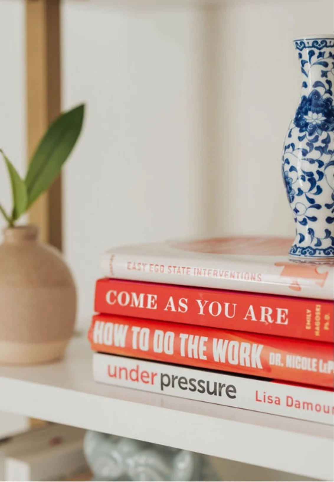 A stack of four books on a white shelf in a Nashville therapy office with a beige vase containing a green leafy plant on the left and a blue and white patterned vase on the right.