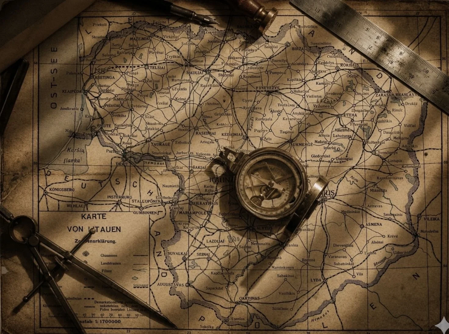1920s map of Lithuania with compass atop of it.