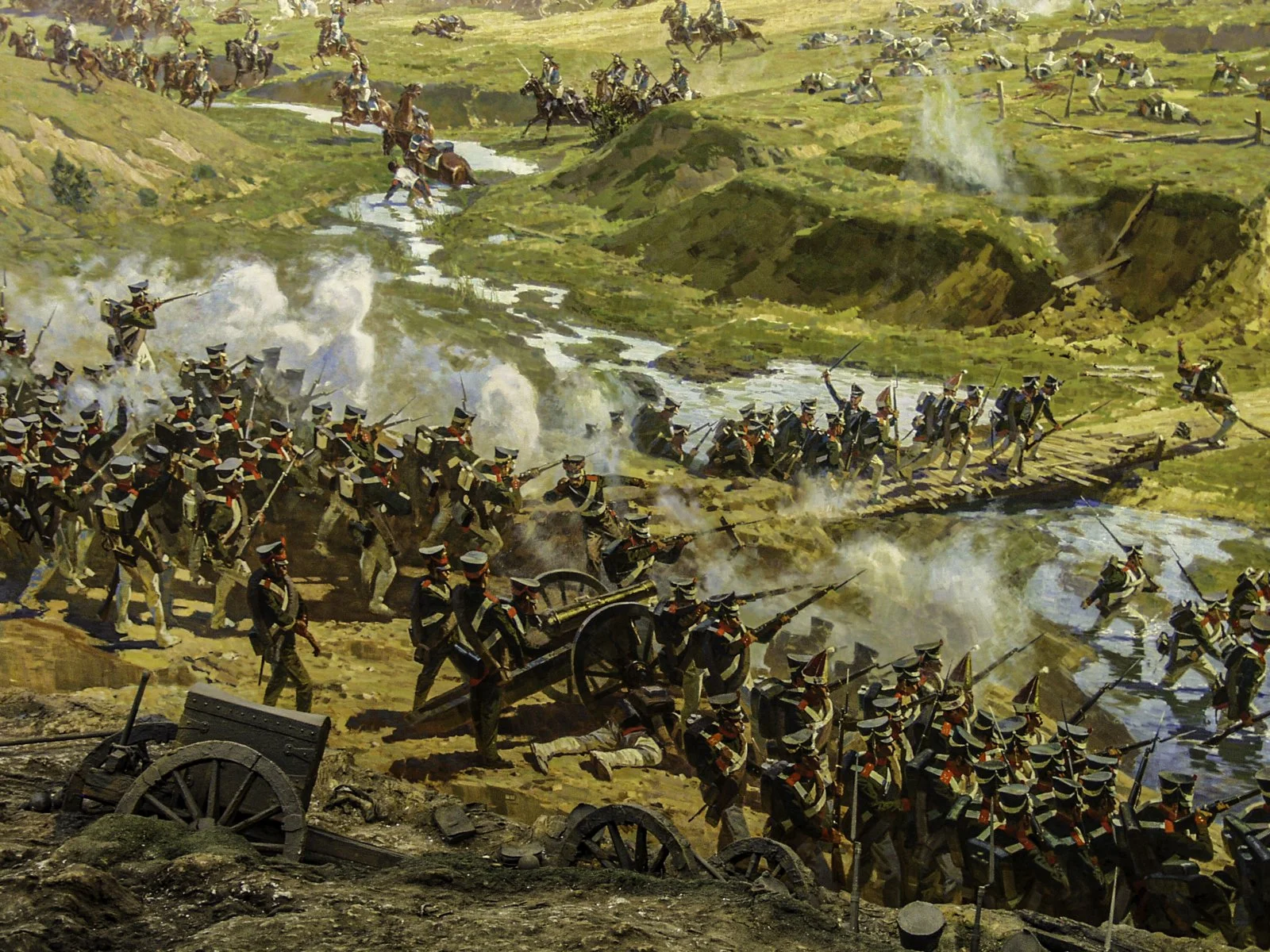 The infantry in the foreground are Russian. Their dark green coats, red facings, white crossbelts, and tall shakos are characteristic of Russian Imperial infantry