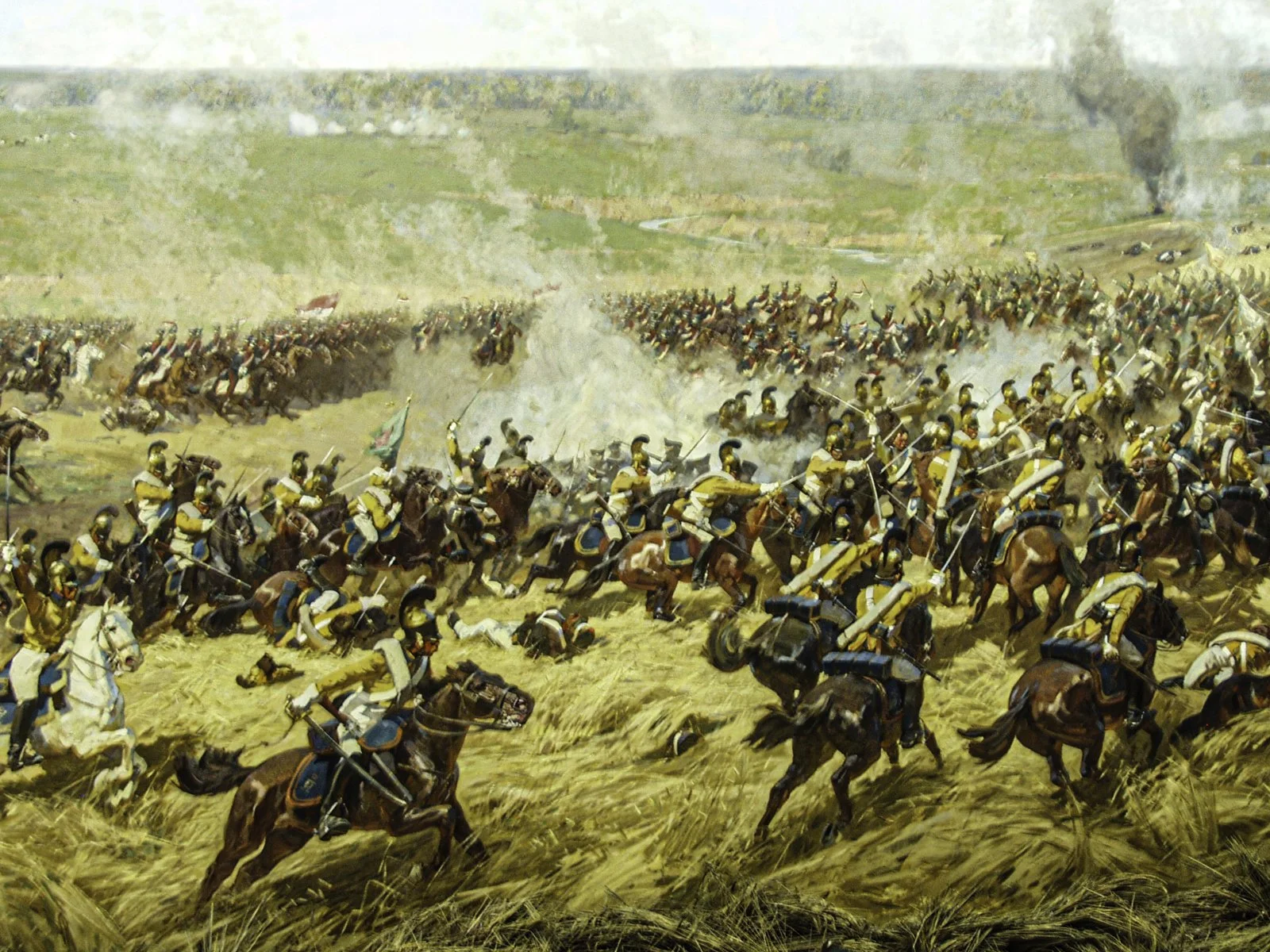 French-allied heavy cavalry as shown by their blue saddlecloths, brass helmets, and yellow-gold armor, locked in close combat amid trampled grain, fallen soldiers, and charging squadrons