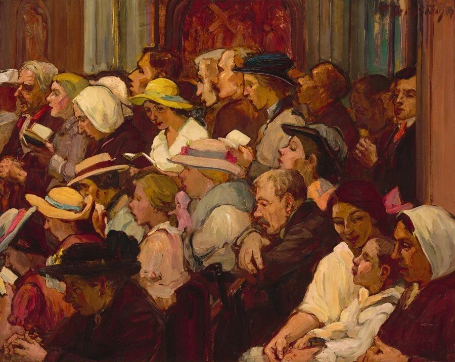 Painting of a diverse group of people seated in a theater, attentively watching a performance or event.