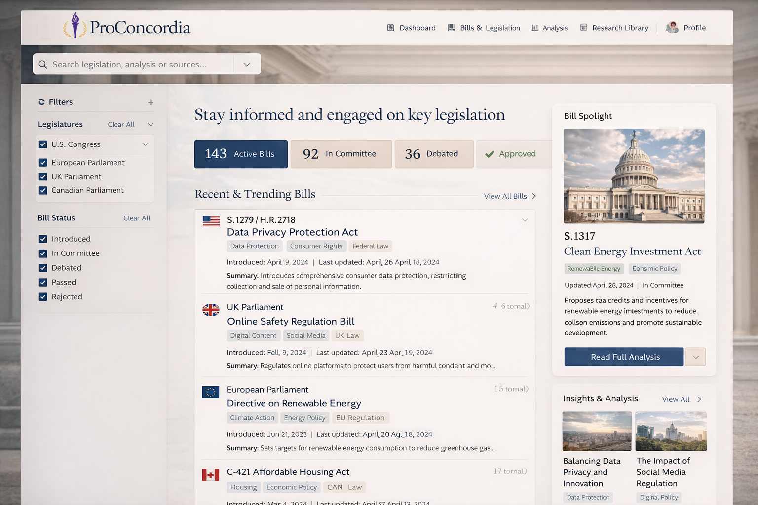 Screenshot of the ProConcordia website showing key legislation, including active bills, recent bills, and legislative information, with a focus on US Congress, European Parliament, UK Parliament, and Canadian Parliament.