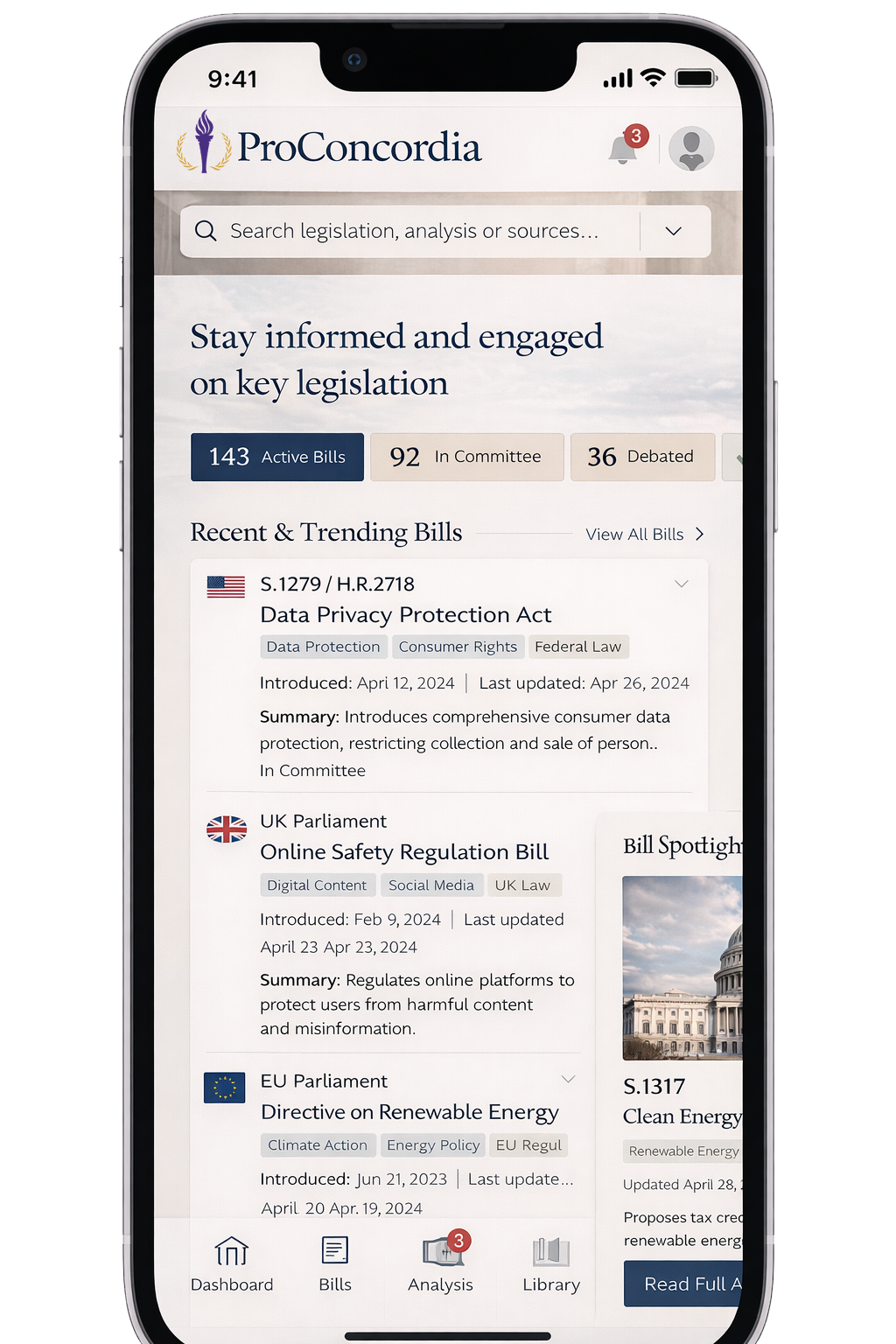 A smartphone screen displaying the ProConcordia website focused on legislation, showing categories like active bills, bills in committee, and debated bills, with recent bills and summaries.