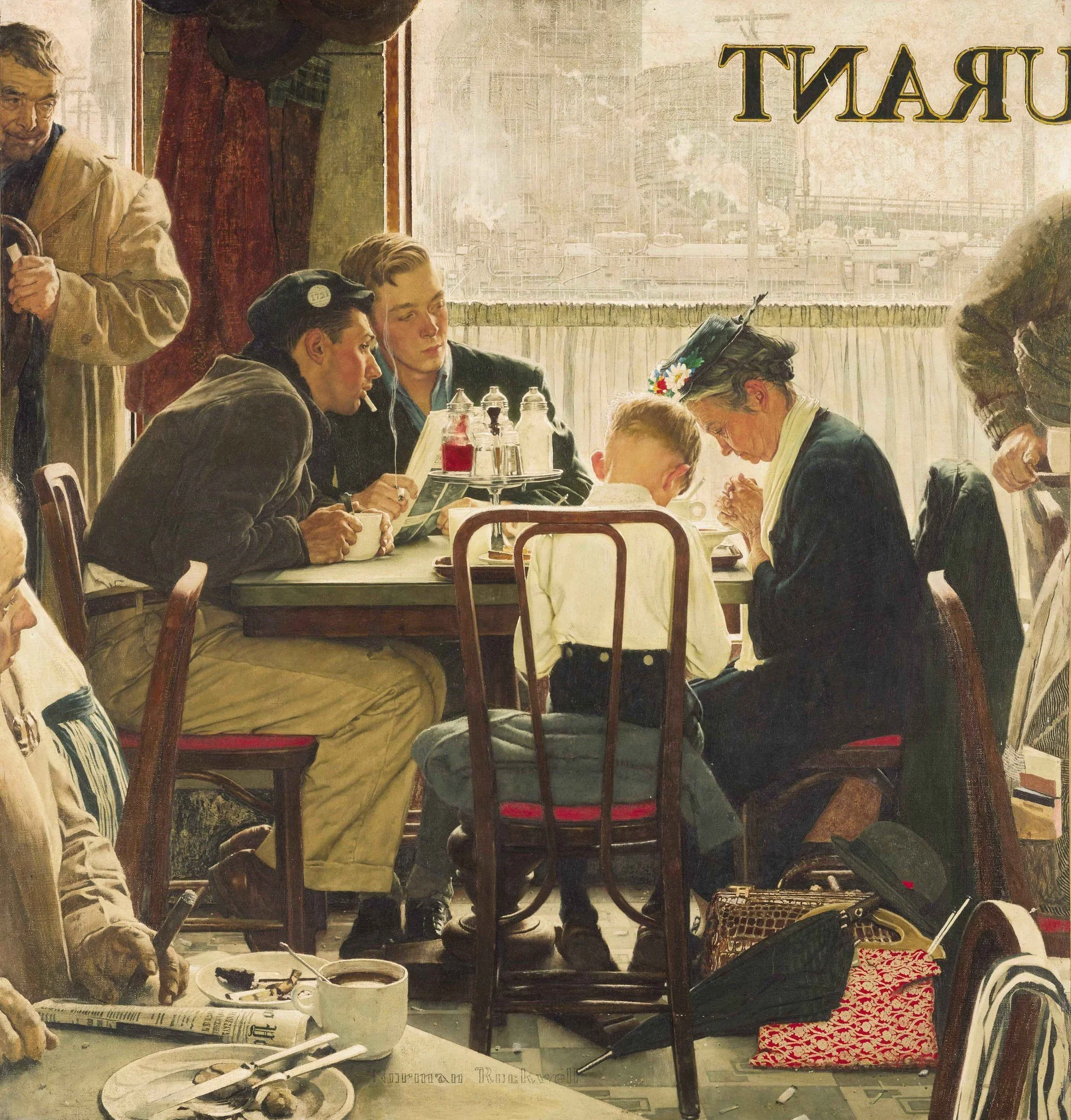 A painting of a cafe scene with several people sitting around a table, including a woman praying, a child, and young men. Items on the table include cups, sauces, and a newspaper. Additional figures are in the background and foreground, with a window showing an urban cityscape outside.
