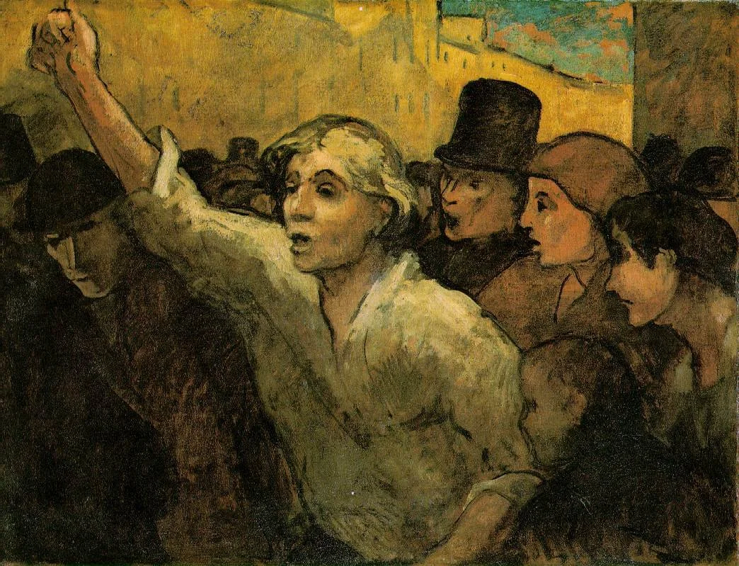 A painting depicting a crowded scene with a woman in the foreground raising her arm and speaking passionately, surrounded by a man wearing a top hat, women, and other figures. The background suggests an outdoor setting with a yellowish backdrop.