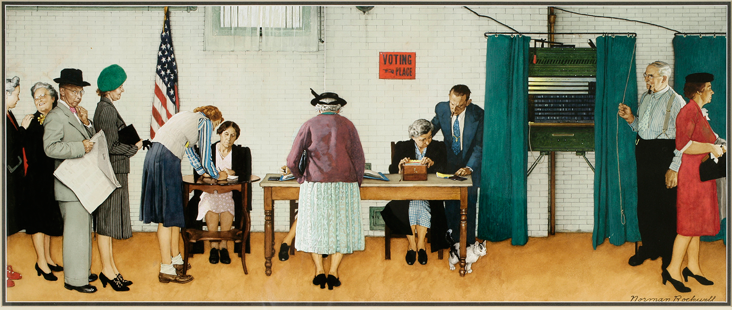A painting depicting people voting at a polling station with a sign that reads 'Voting Place'. Several individuals are lined up or engaged in voting activities, with a voting booth, an American flag, and a person with a small dog present.