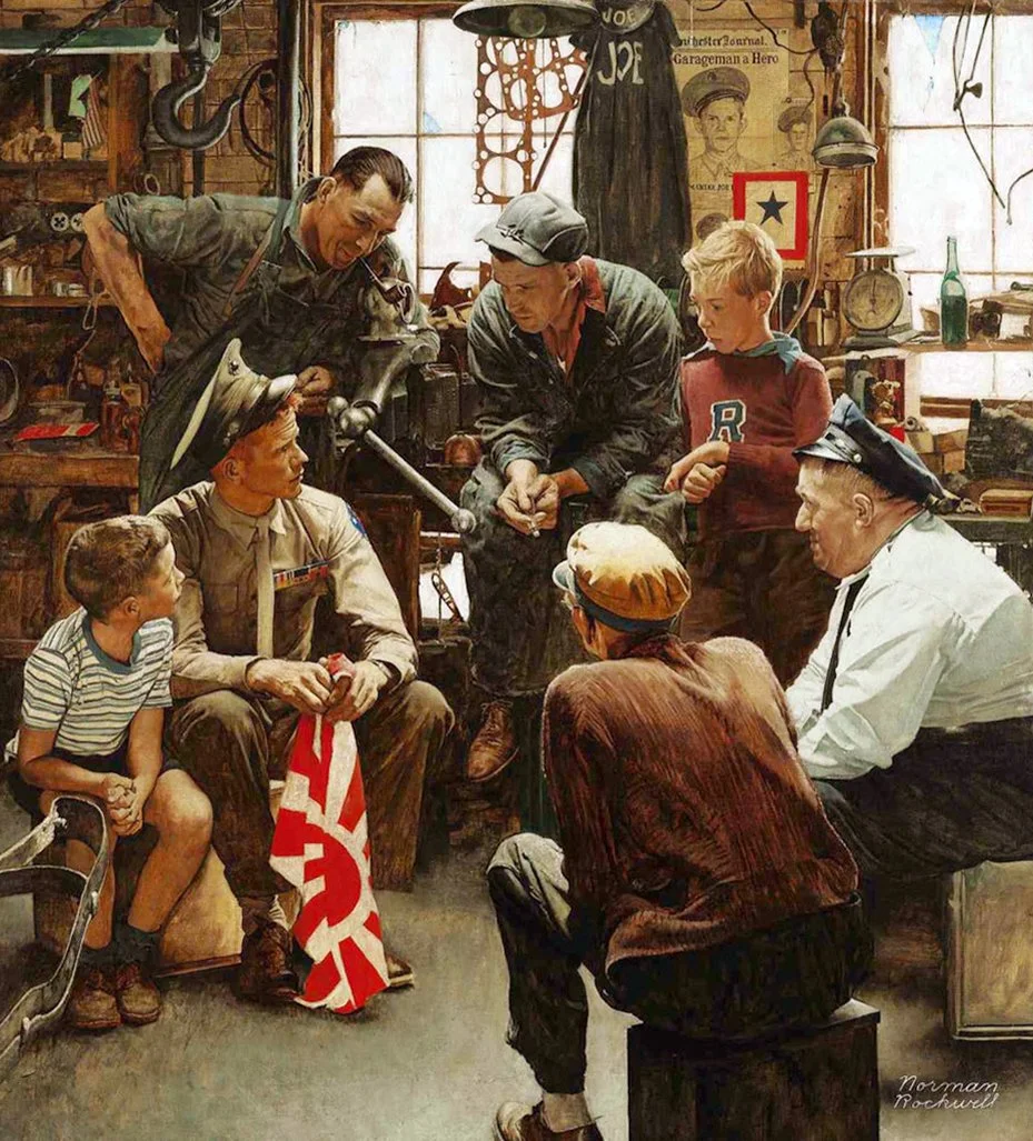 A group of boys, with one dressed as a WWII soldier, gathers with men, including a soldier and a man in a white shirt and cap, in a workshop or garage. The scene appears to depict a storytelling or lesson, with tools and vintage items in the background.