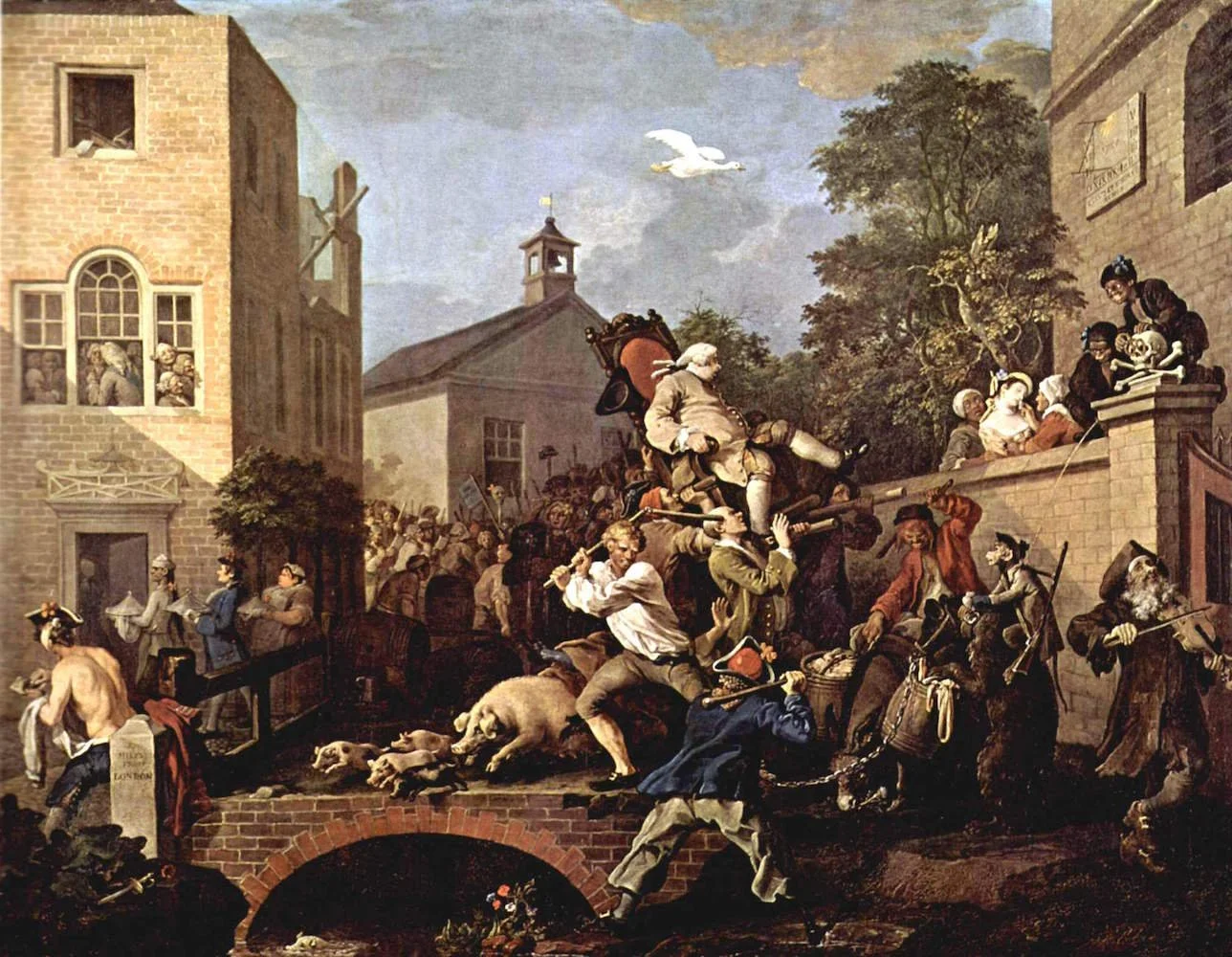 A historical painting depicting a chaotic scene with a group of people fighting on a bridge and street, including dogs and onlookers, with a church and trees in the background under a partly cloudy sky.
