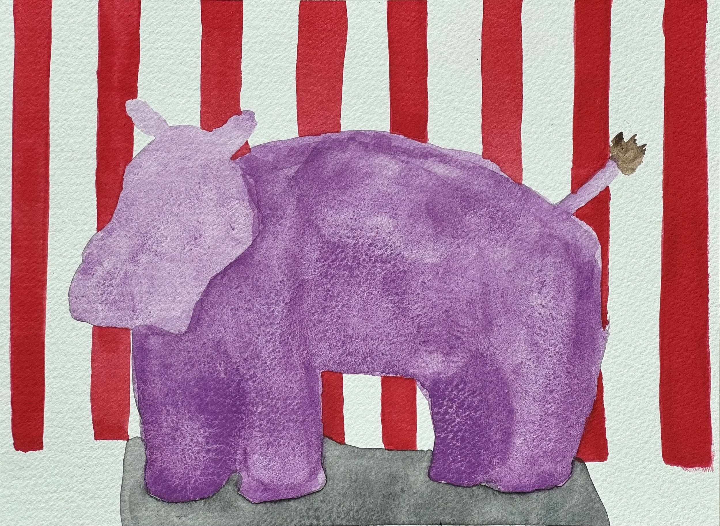 Hippopotamus with Red Stripes, watercolor on paper, 6x8 inches, 2026