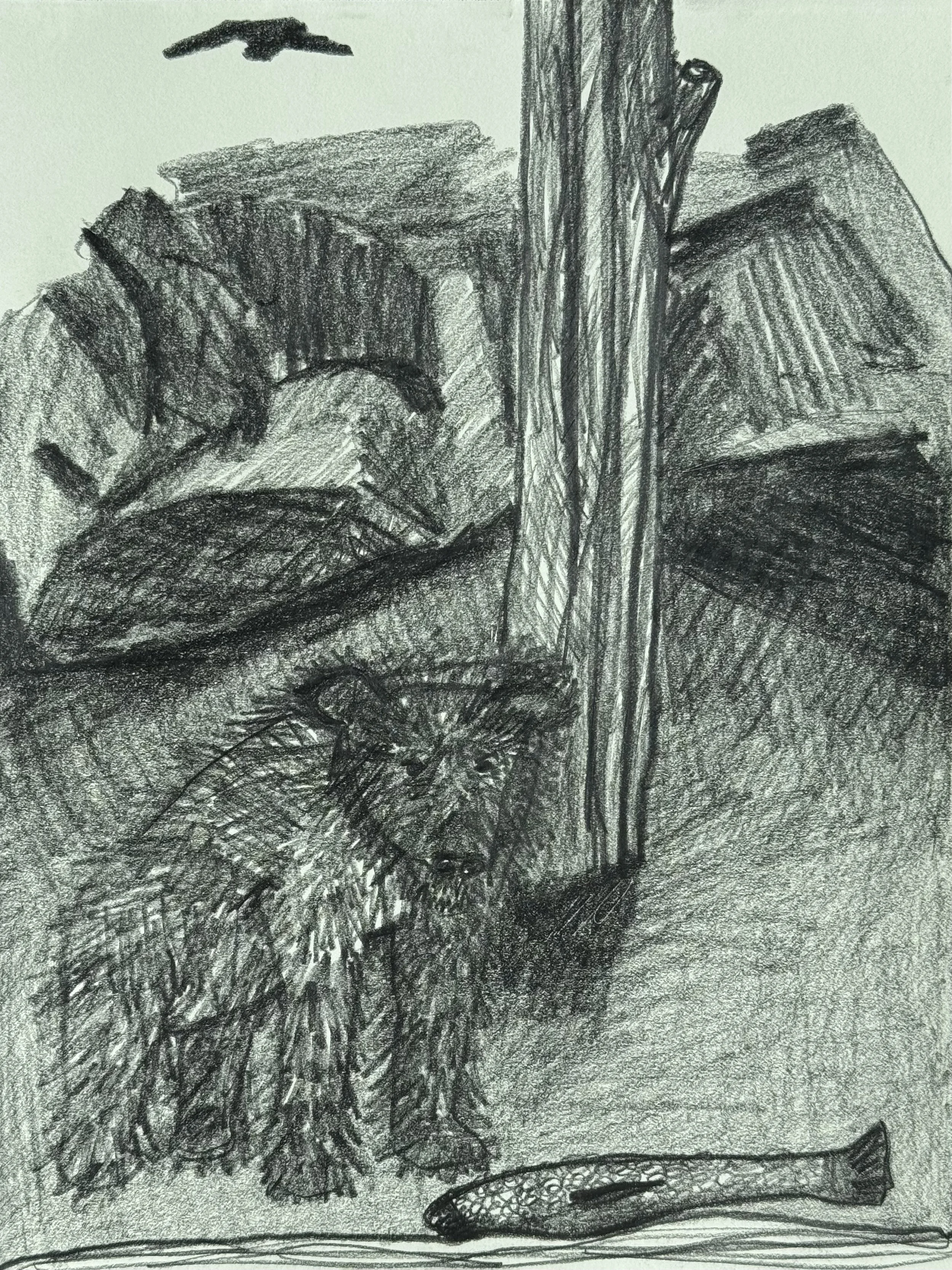 Bear before Fish with Bird in Sky, graphite on paper, 14x11 inches, 2026
