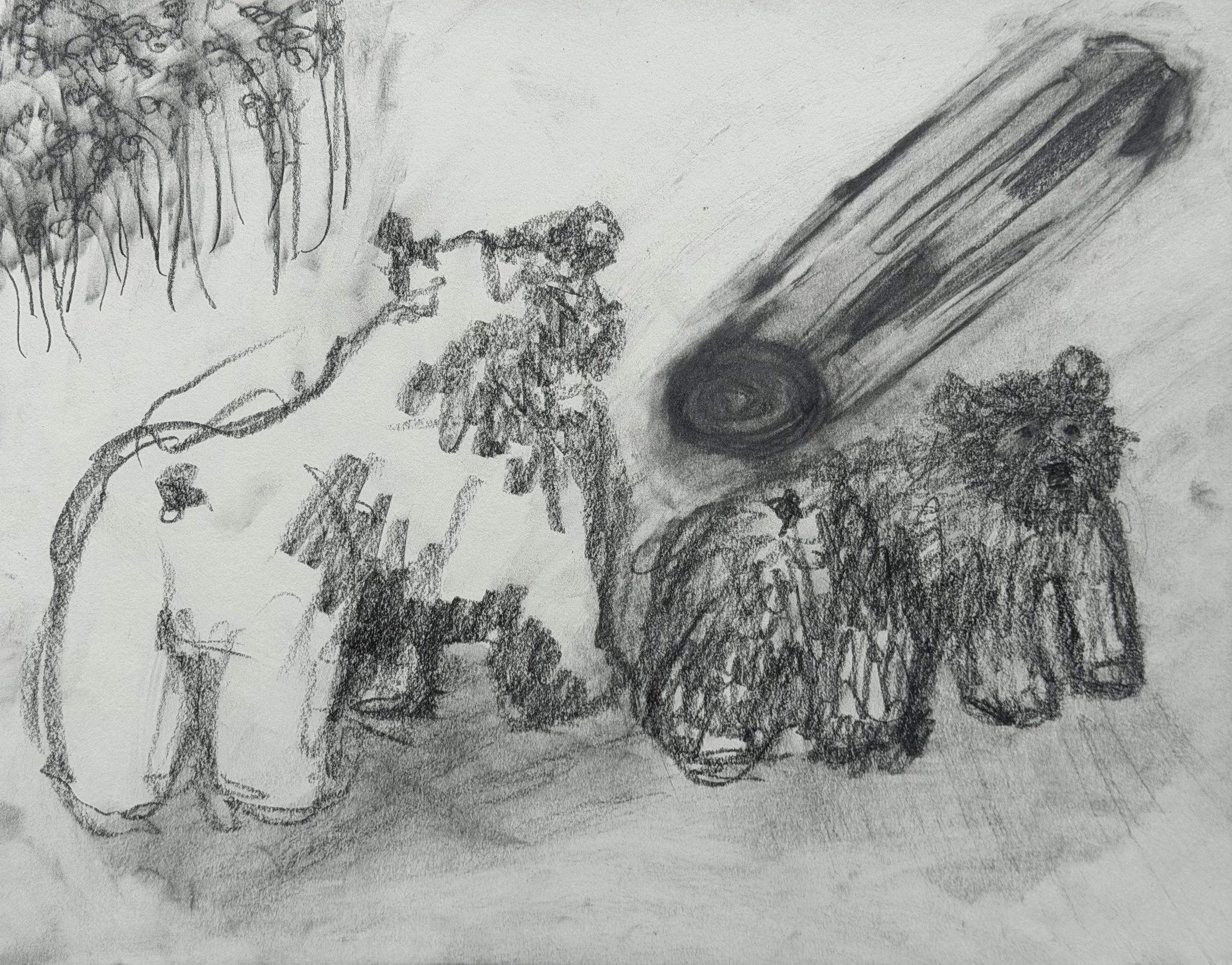 Two Bears with Log, graphite on paper, 9x12 inches, 2026