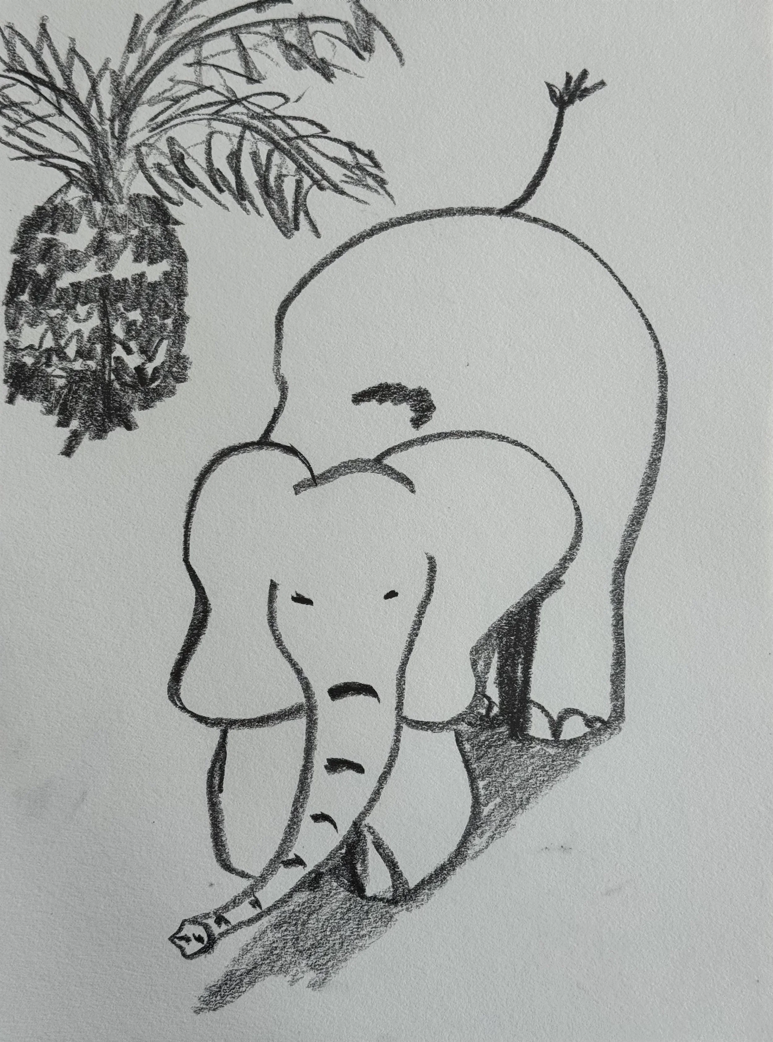 Kneeling Elephant, graphite on paper, 12x9 inches, 2025