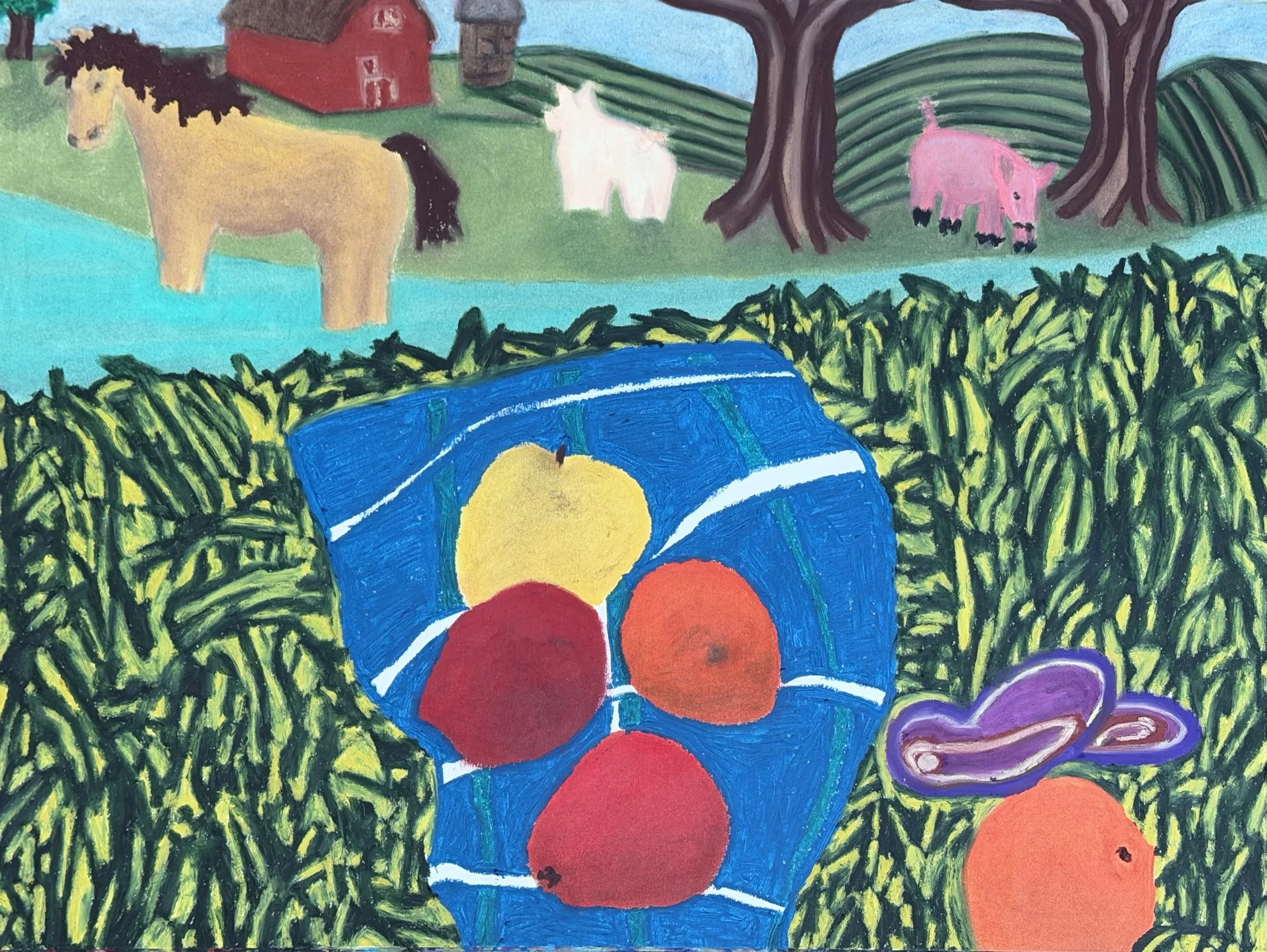 Mid Stream, oil pastel on paper, 18x24 inches, 2026