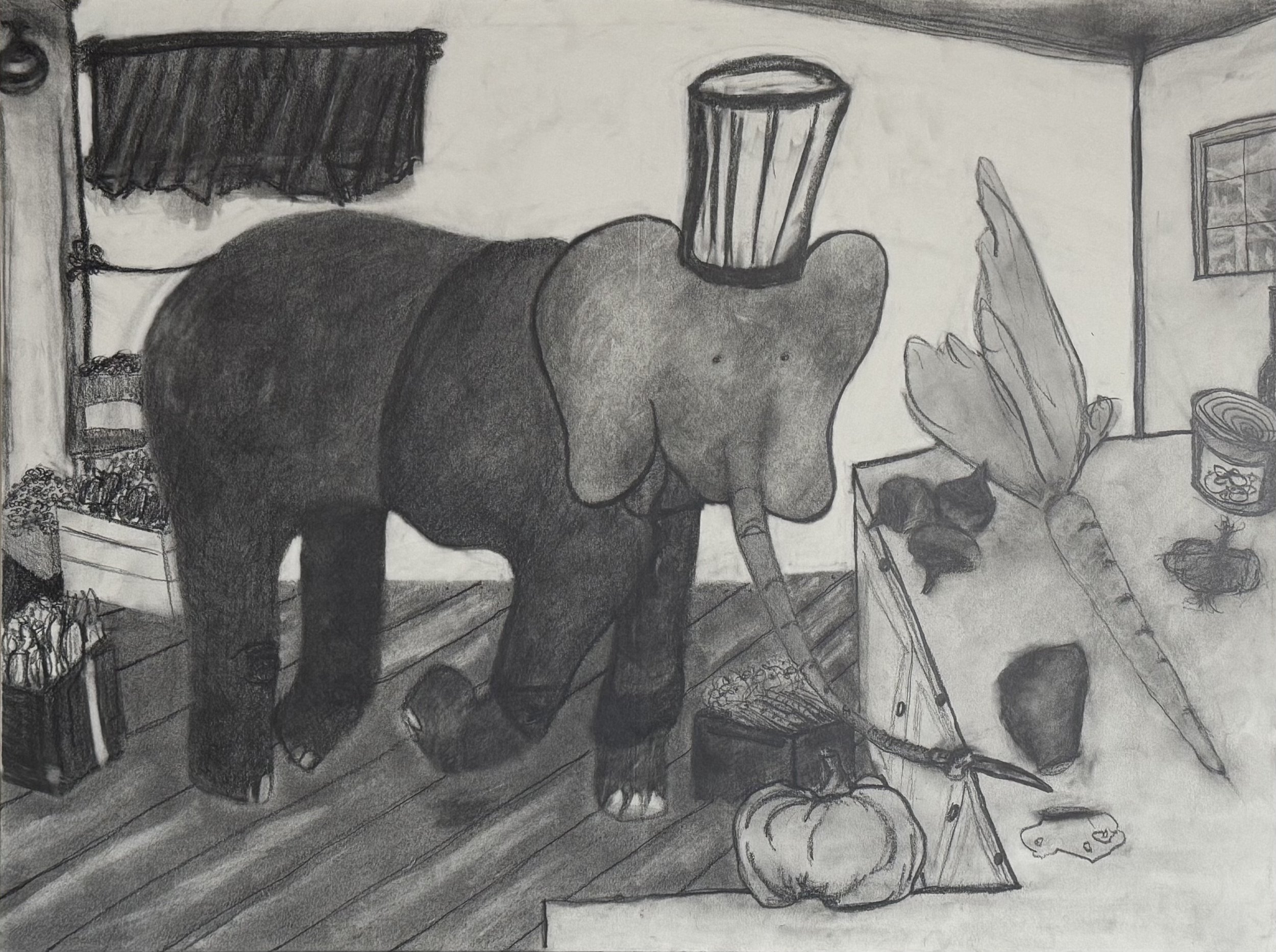 L'éléphant Coupe L'aubergine, graphite on paper, 24 x 18 inches, 2024