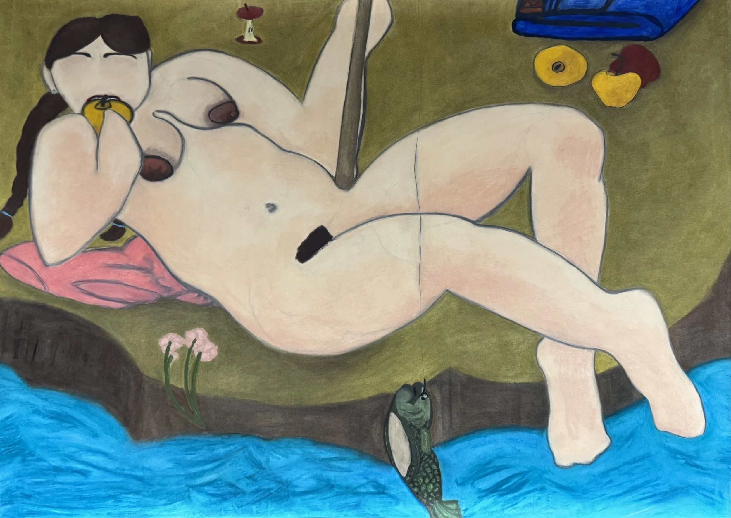The Apple Eater, 42x 30 in. 2025, oil pastel and graphite on paper