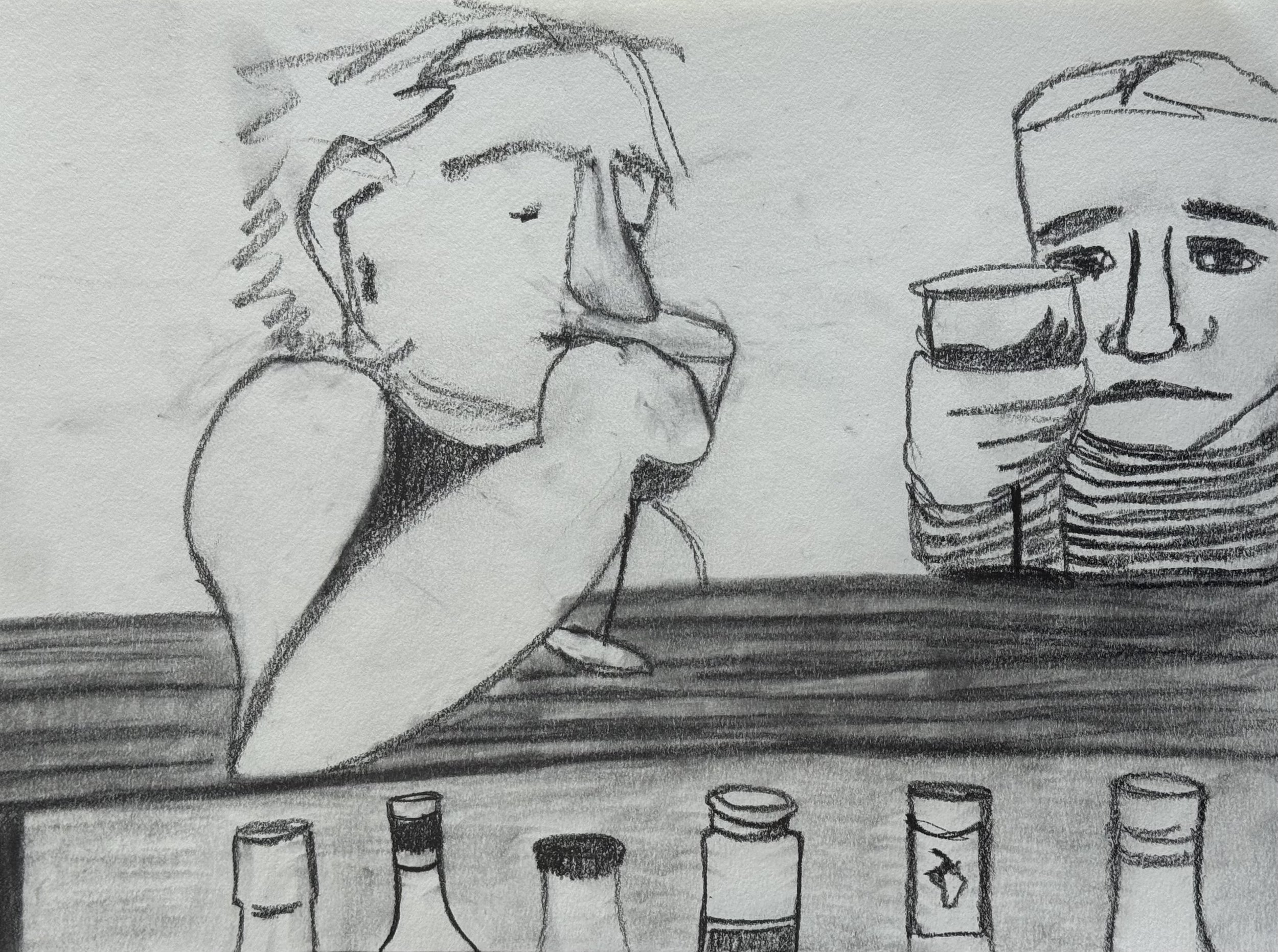 Brothers Drinking, graphite on paper, 9x12 inches, 2025
