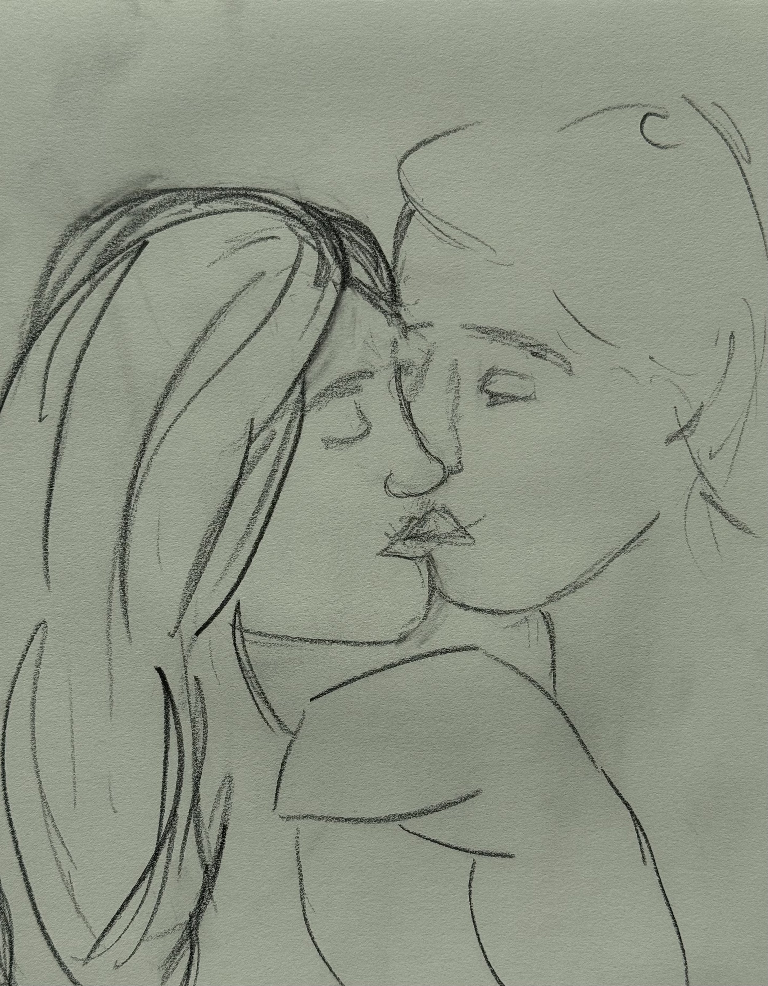 Kiss I, graphite on paper, 14x11 inches, 2025