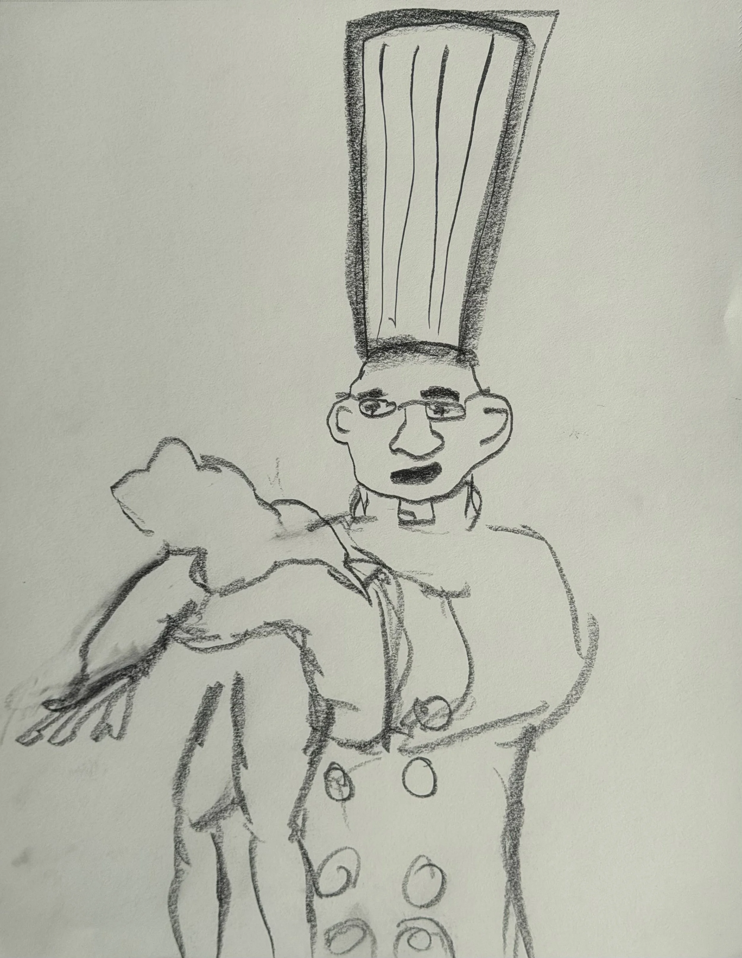 Chef with Frog II, graphite on paper, 12x9 inches, 2026