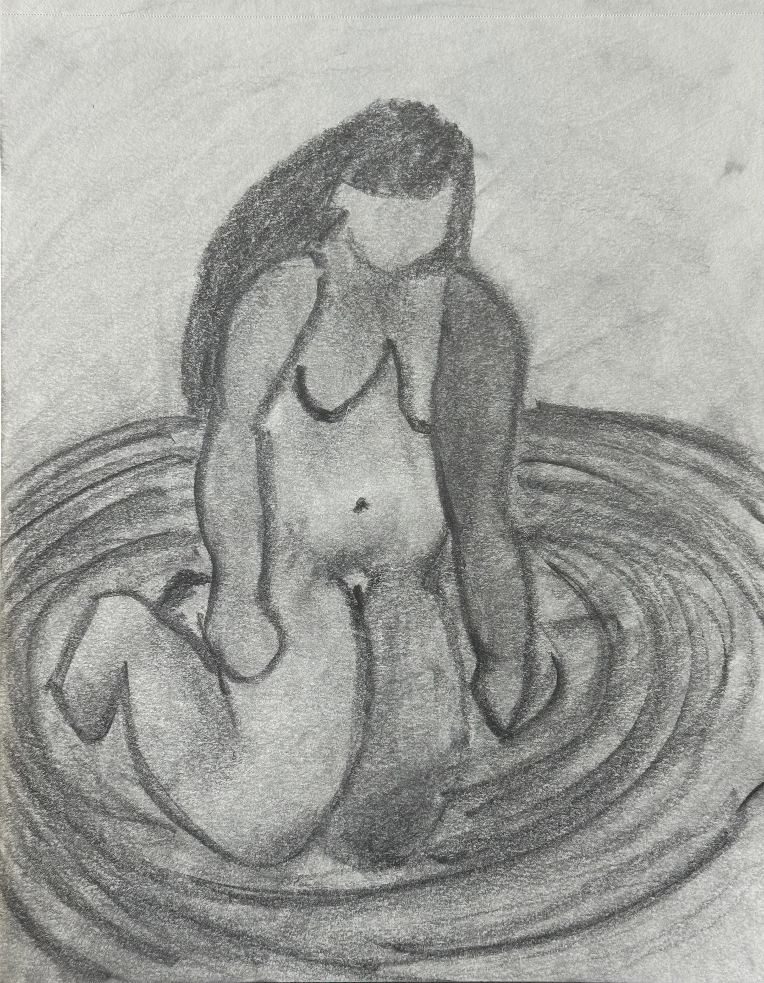 Kneeling Girl in Water, 8x10 in. 2025, graphite on paper