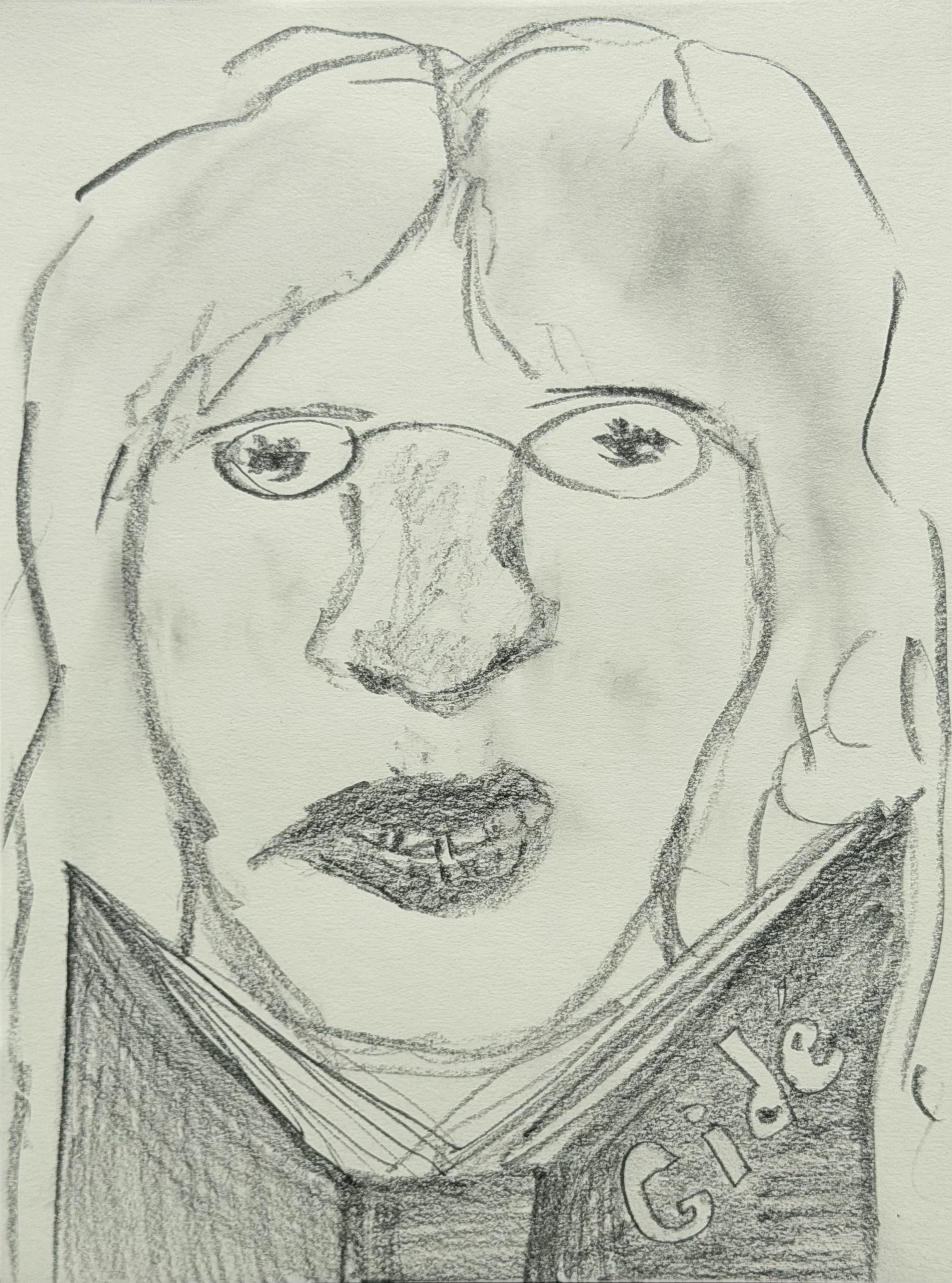 Woman with Gide, graphite on paper, 12x9 inches, 2026