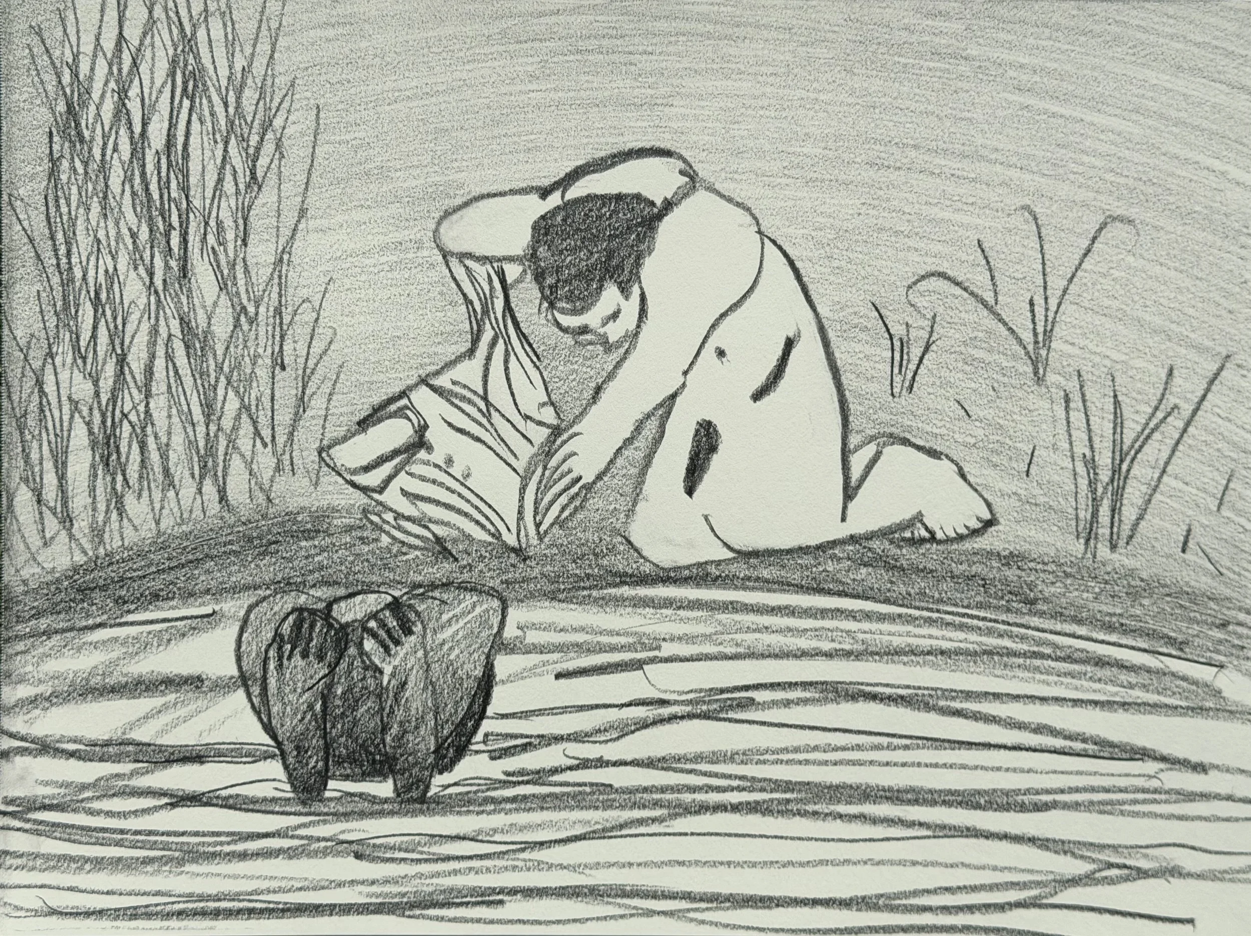 Bathing, graphite on paper, 9x12 inches, 2026