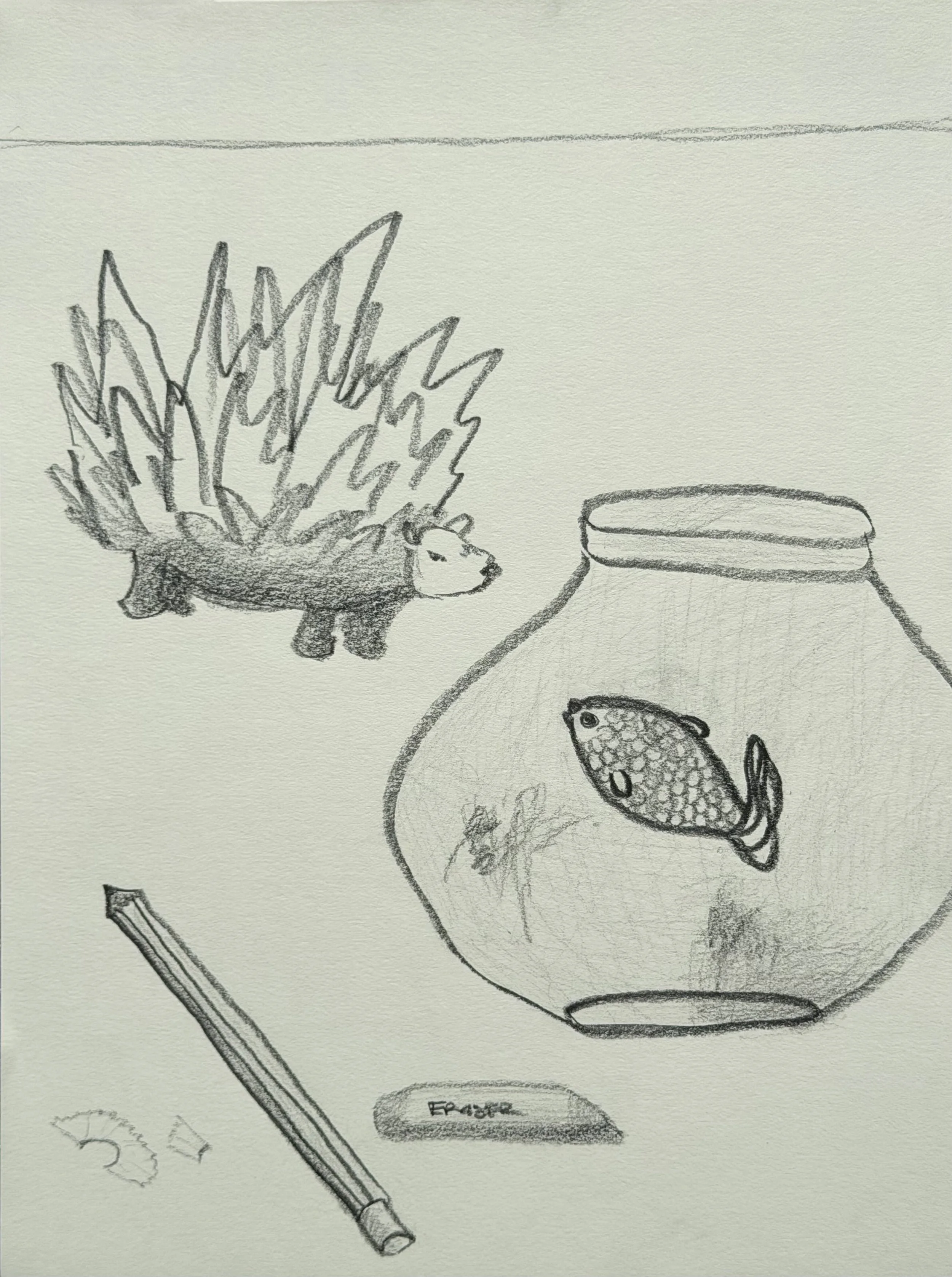 Hedgehog and Fish, graphite on paper, 12x9 inches, 2026