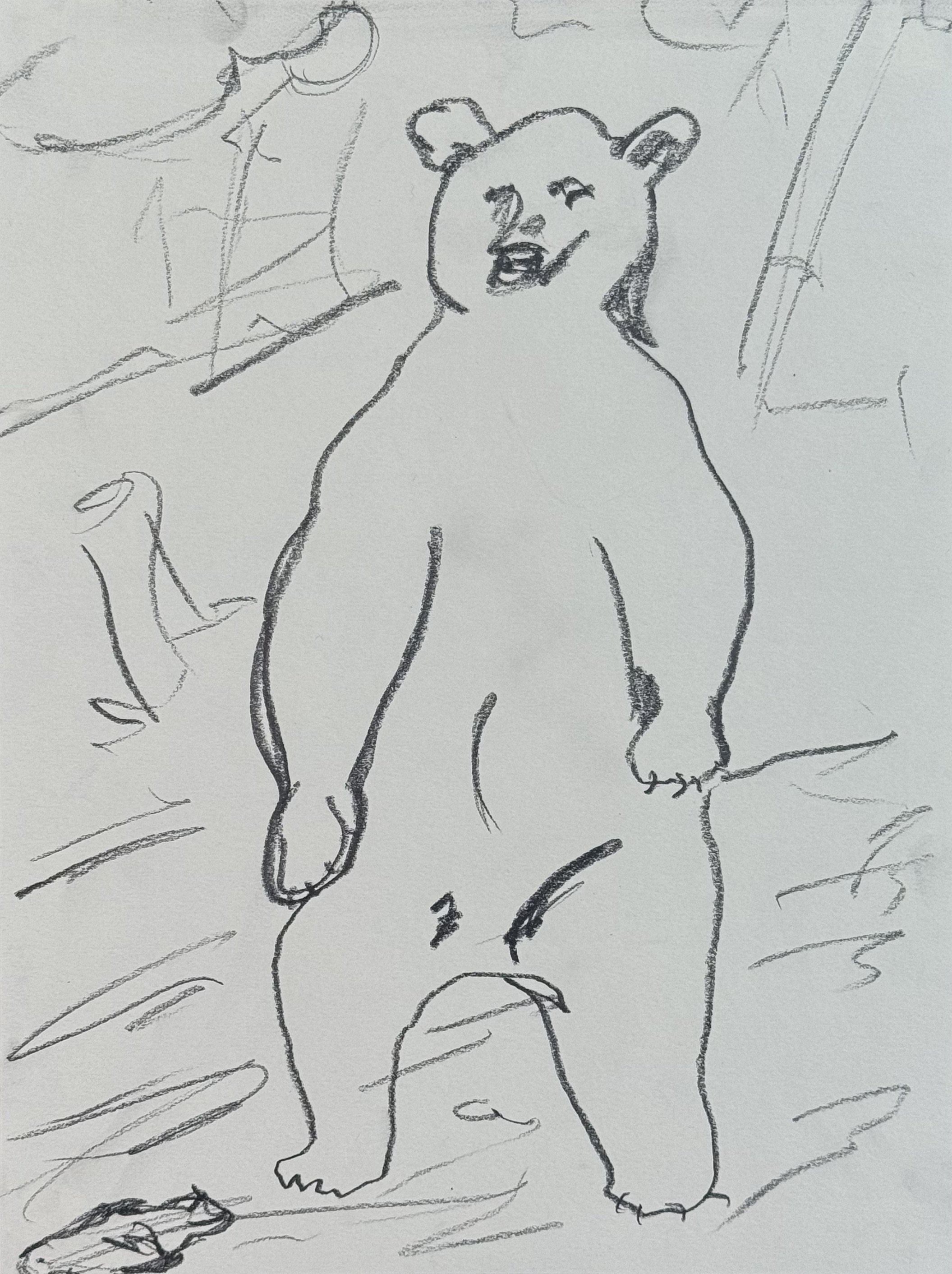 Standing Bear with Fish, 9x12 in. 2024, graphite on paper