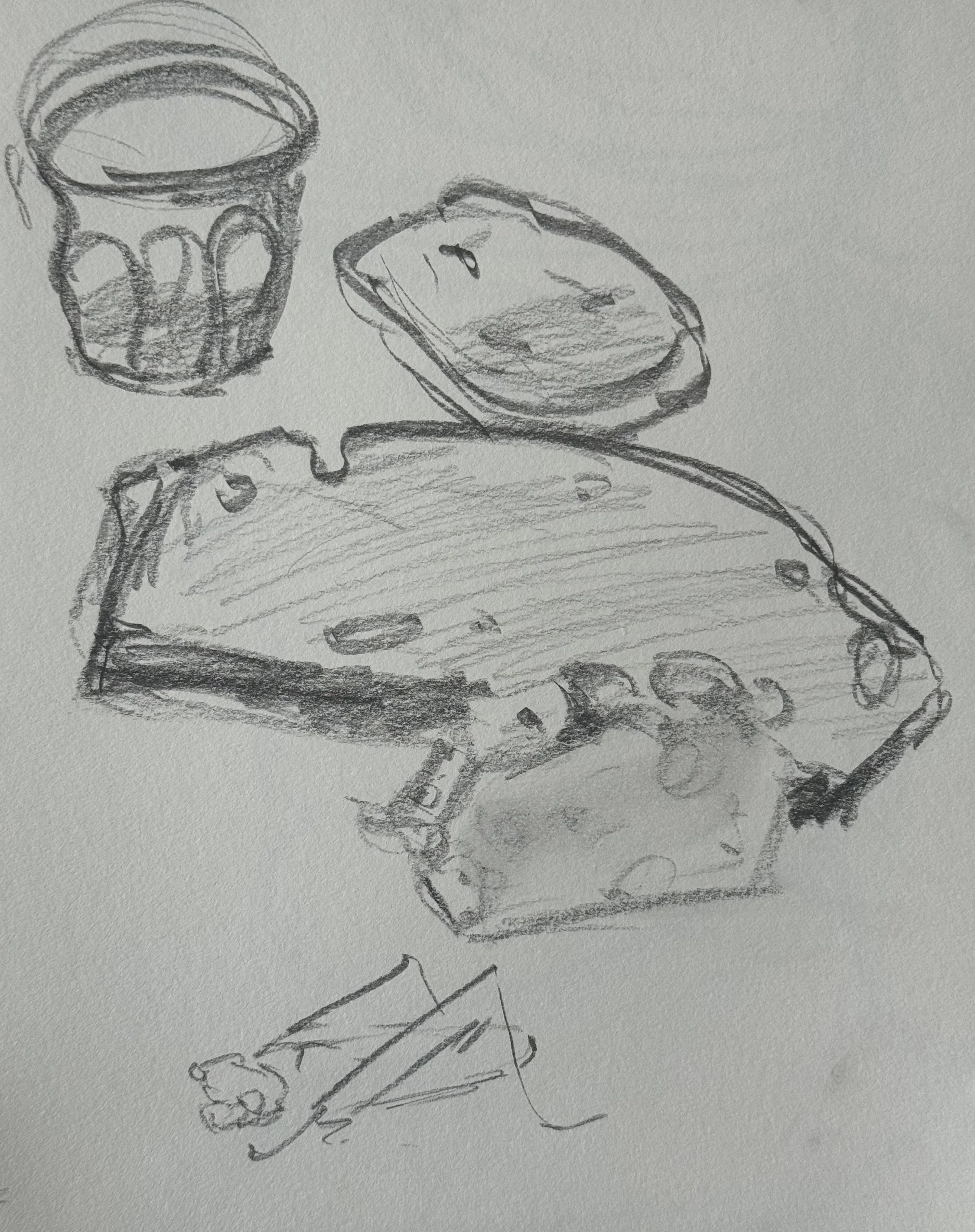 Focaccia and Glass, 8x10 in. 2025, graphite on paper