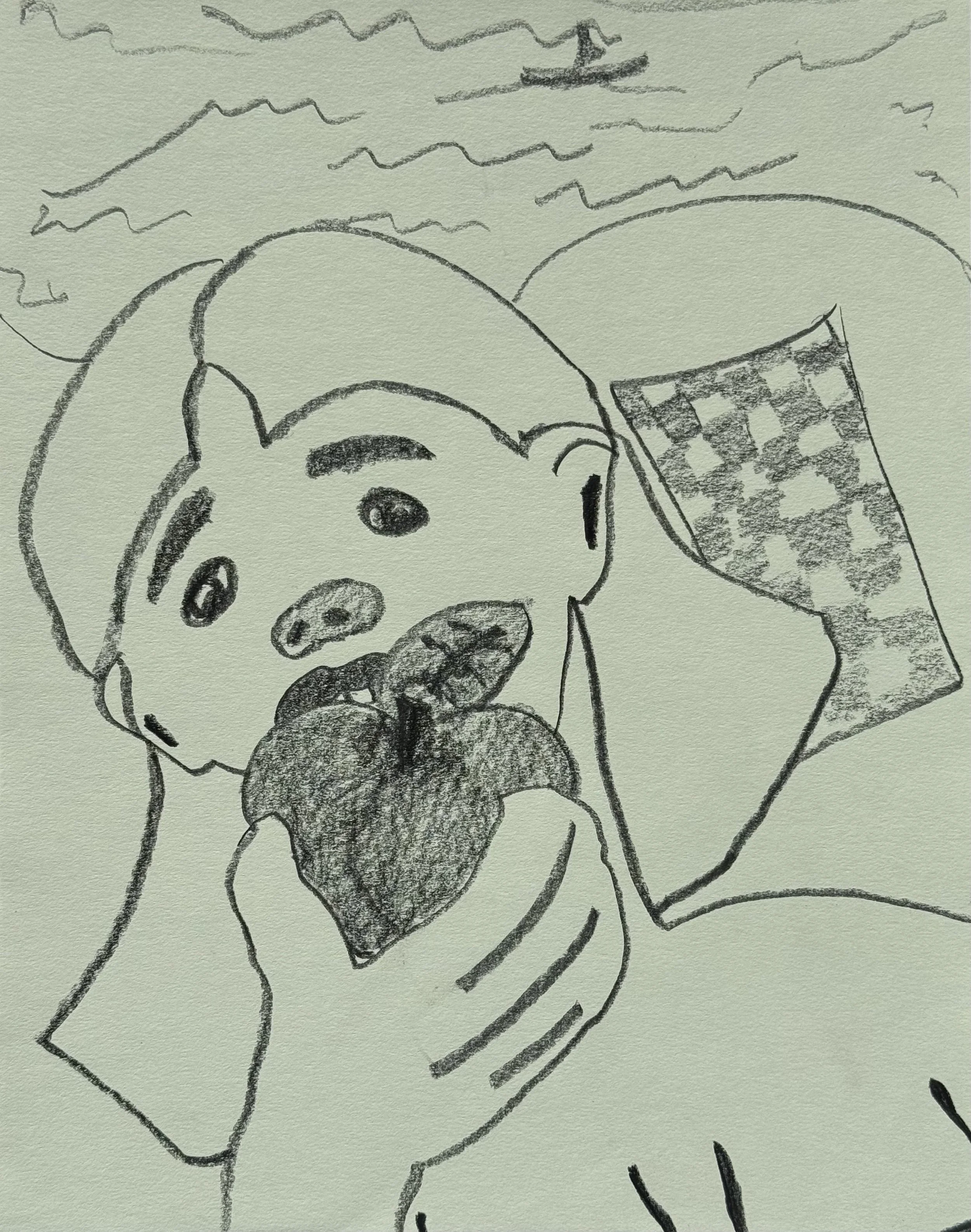 Apple Eater on the Beach, graphite on paper, 14x11 inches, 2025