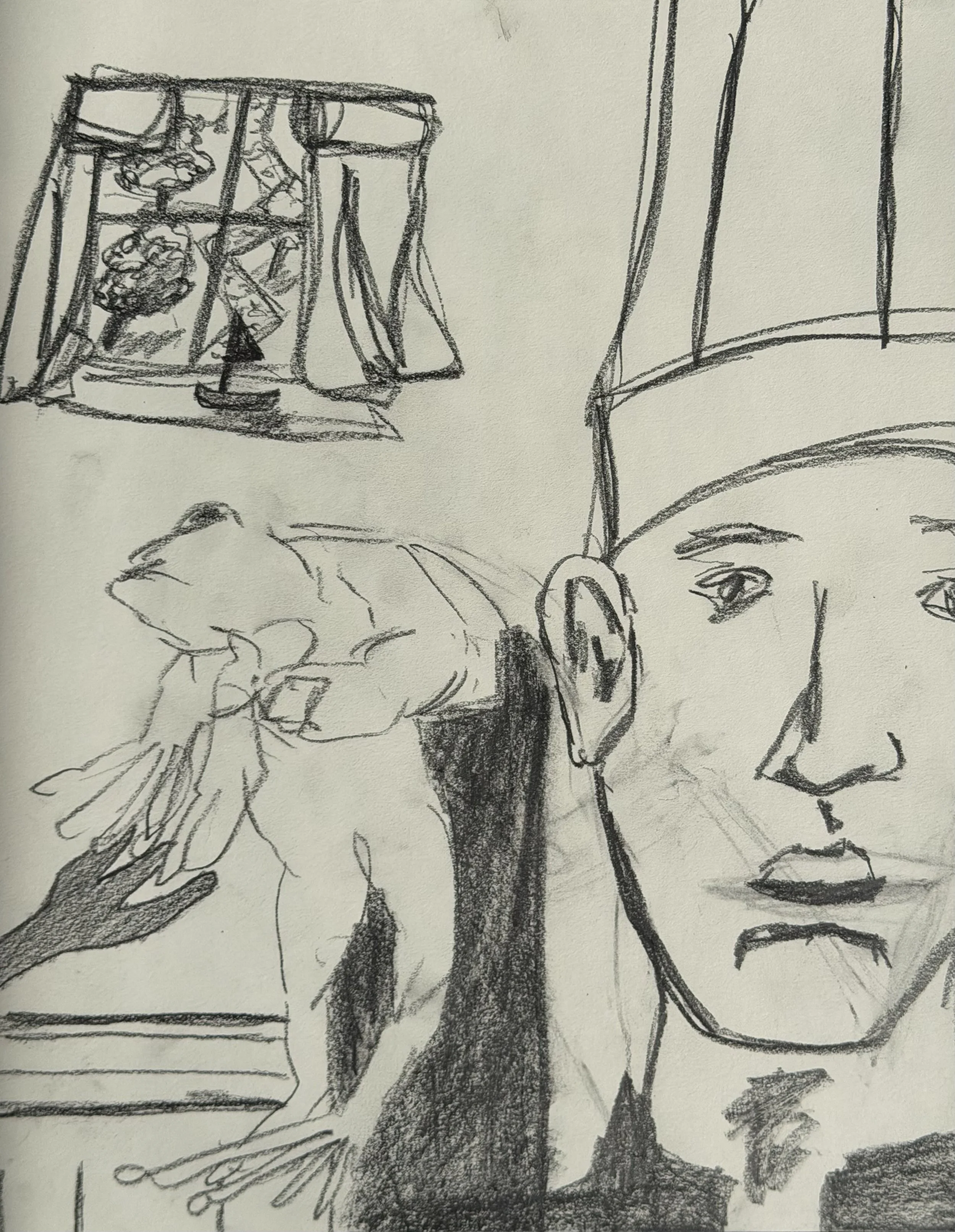 Chef with Frog I, graphite on paper, 12x9 inches, 2026