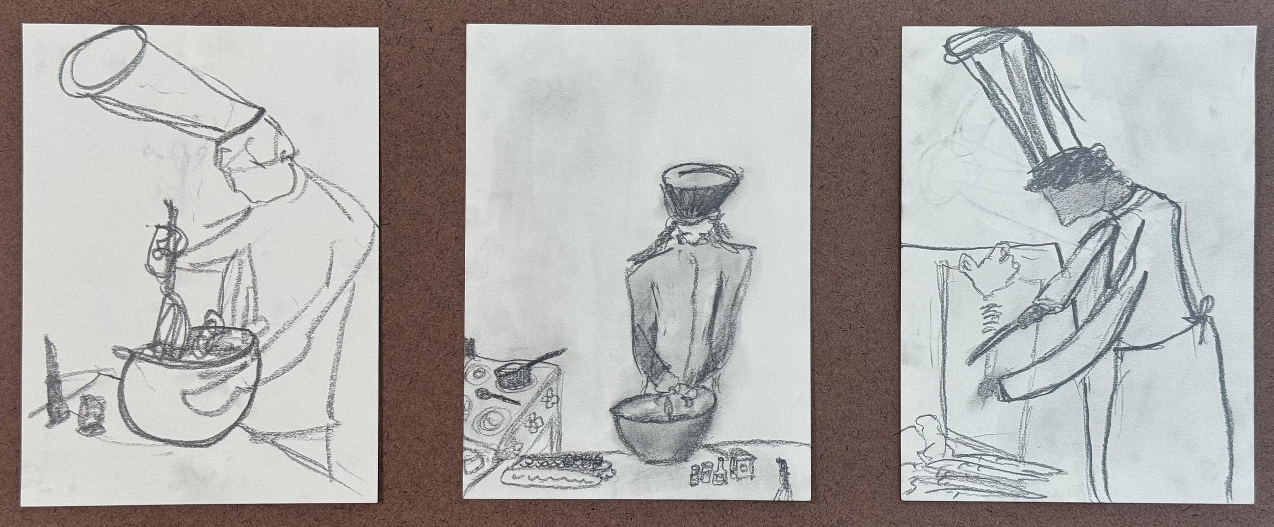 At Work, Triptych, 6x8 in. 2024, graphite on paper
