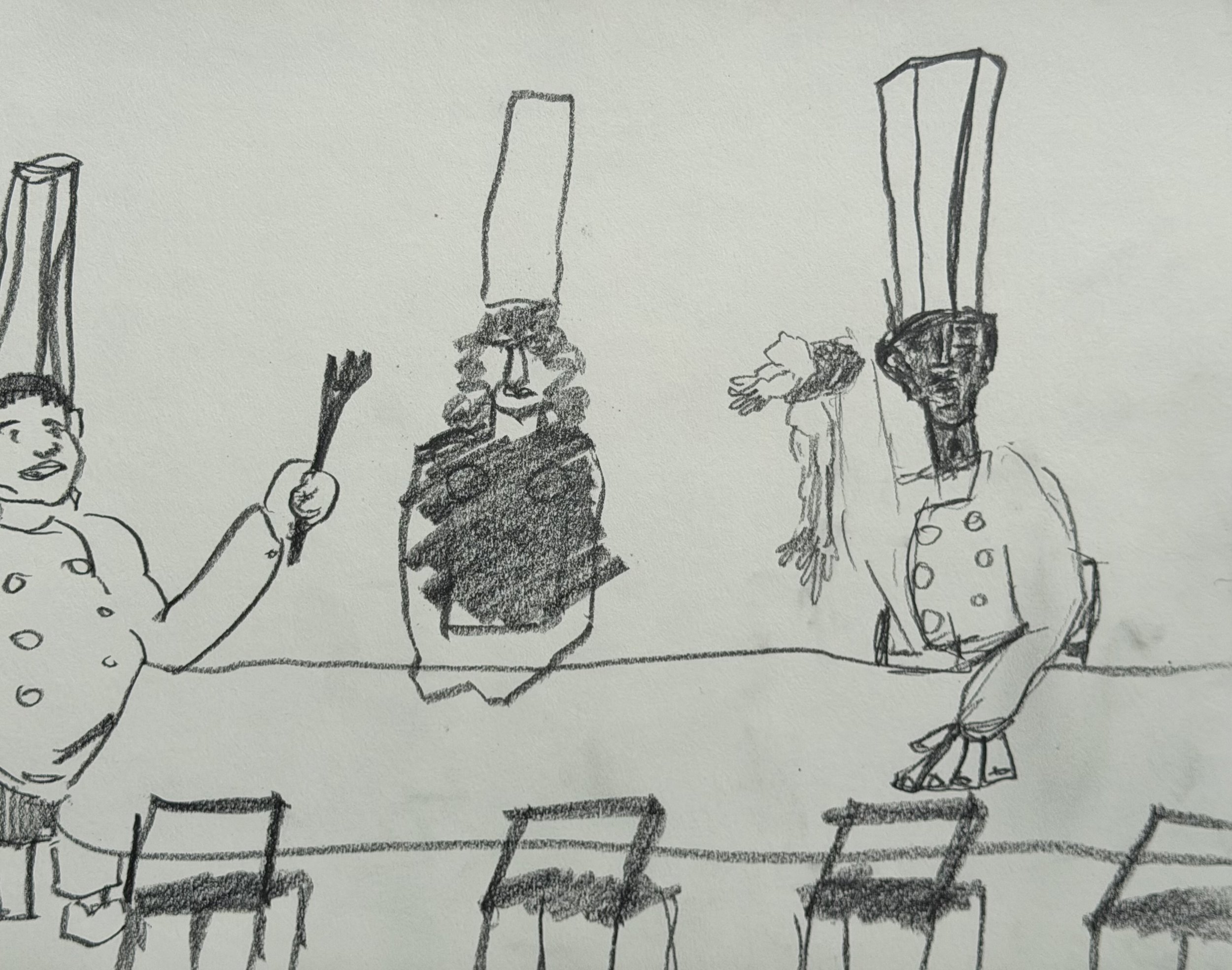 3 Chefs Dining, graphite on paper, 9x12 inches, 2026