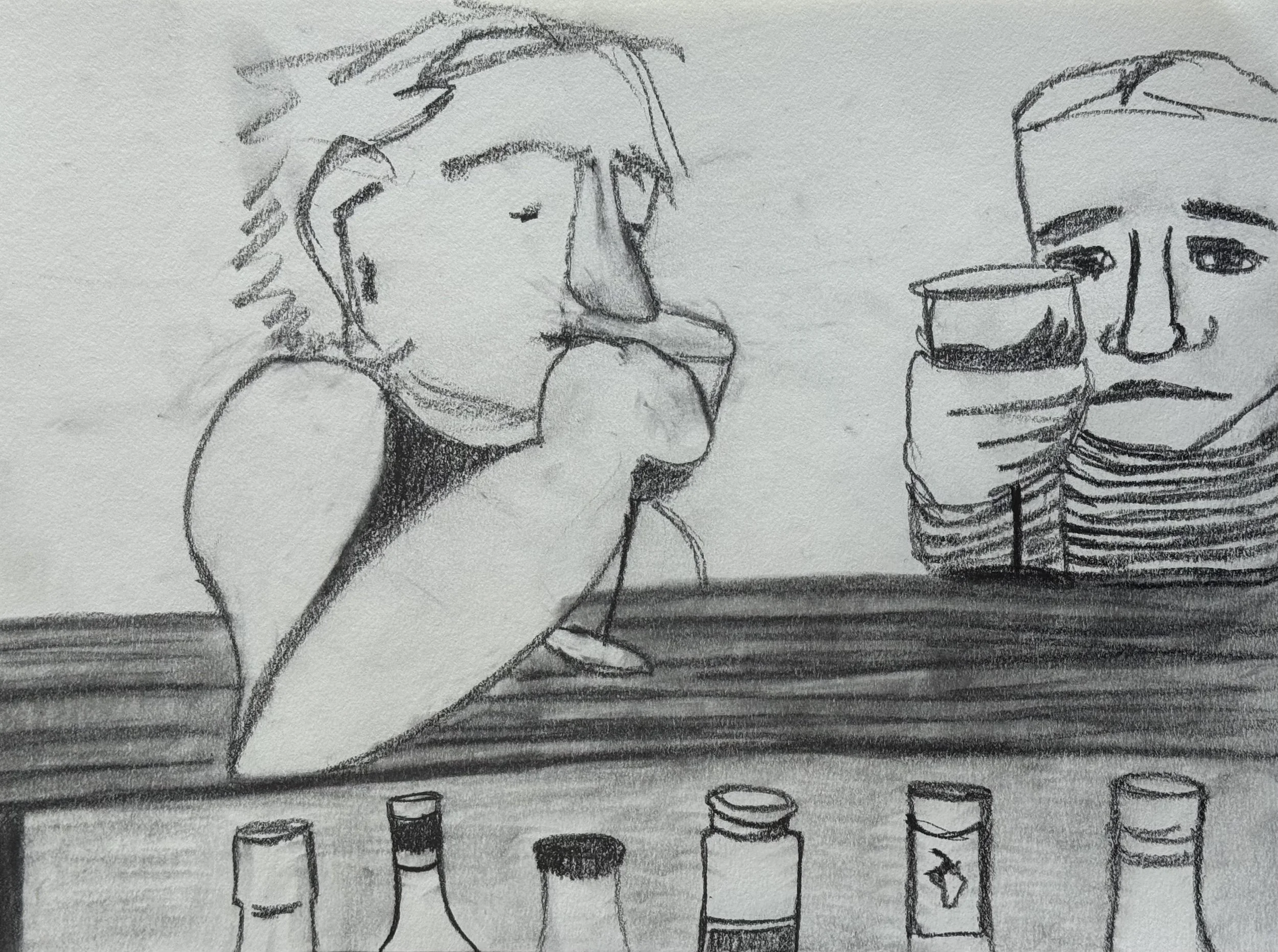 Two Friends Drinking, 11x9 in. 2025, graphite on paper
