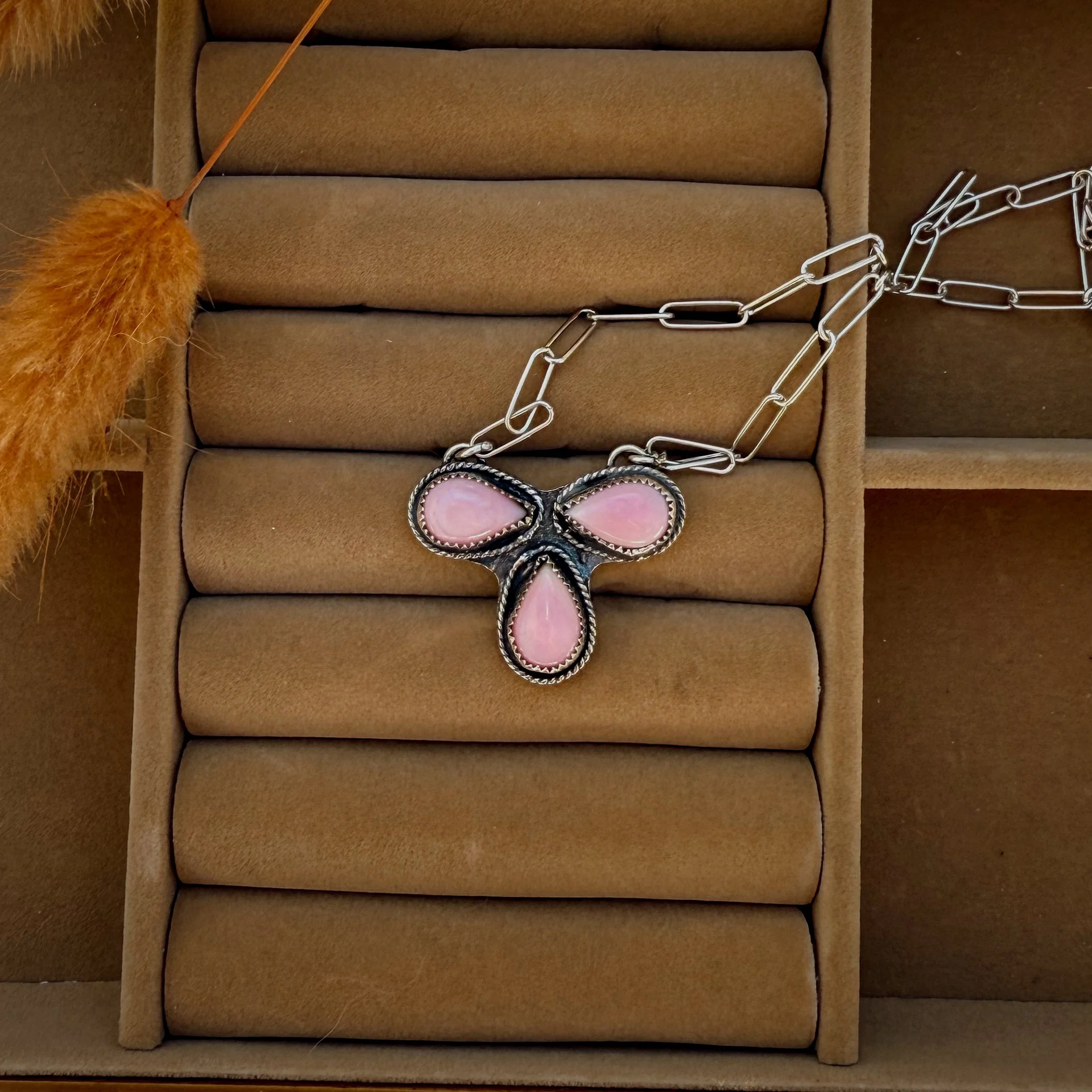 Pink Conch Three-Stone Necklace - 18” Paper Clip Chain