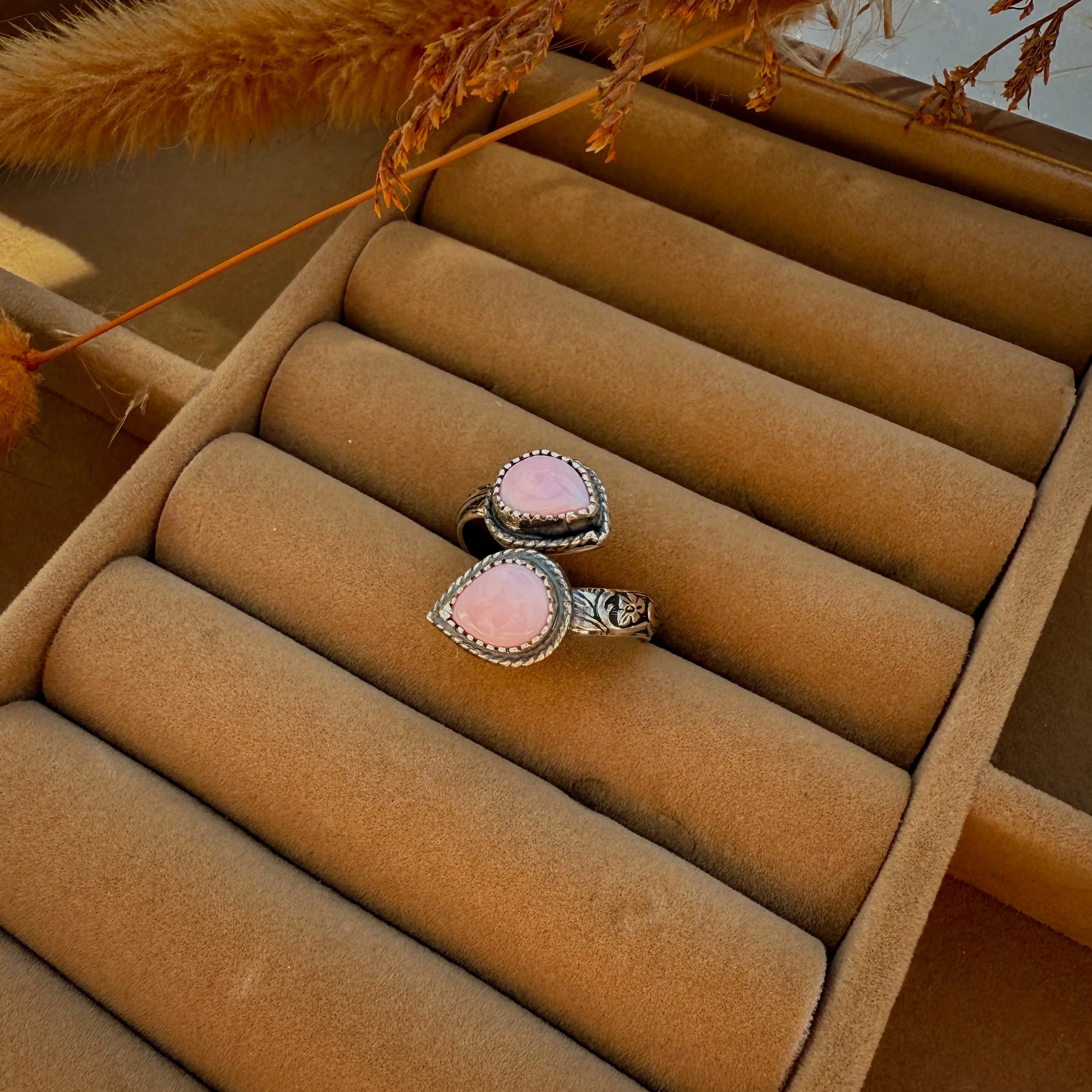 Pink Conch Two-Stone Adjustable Ring - Patterned Band
