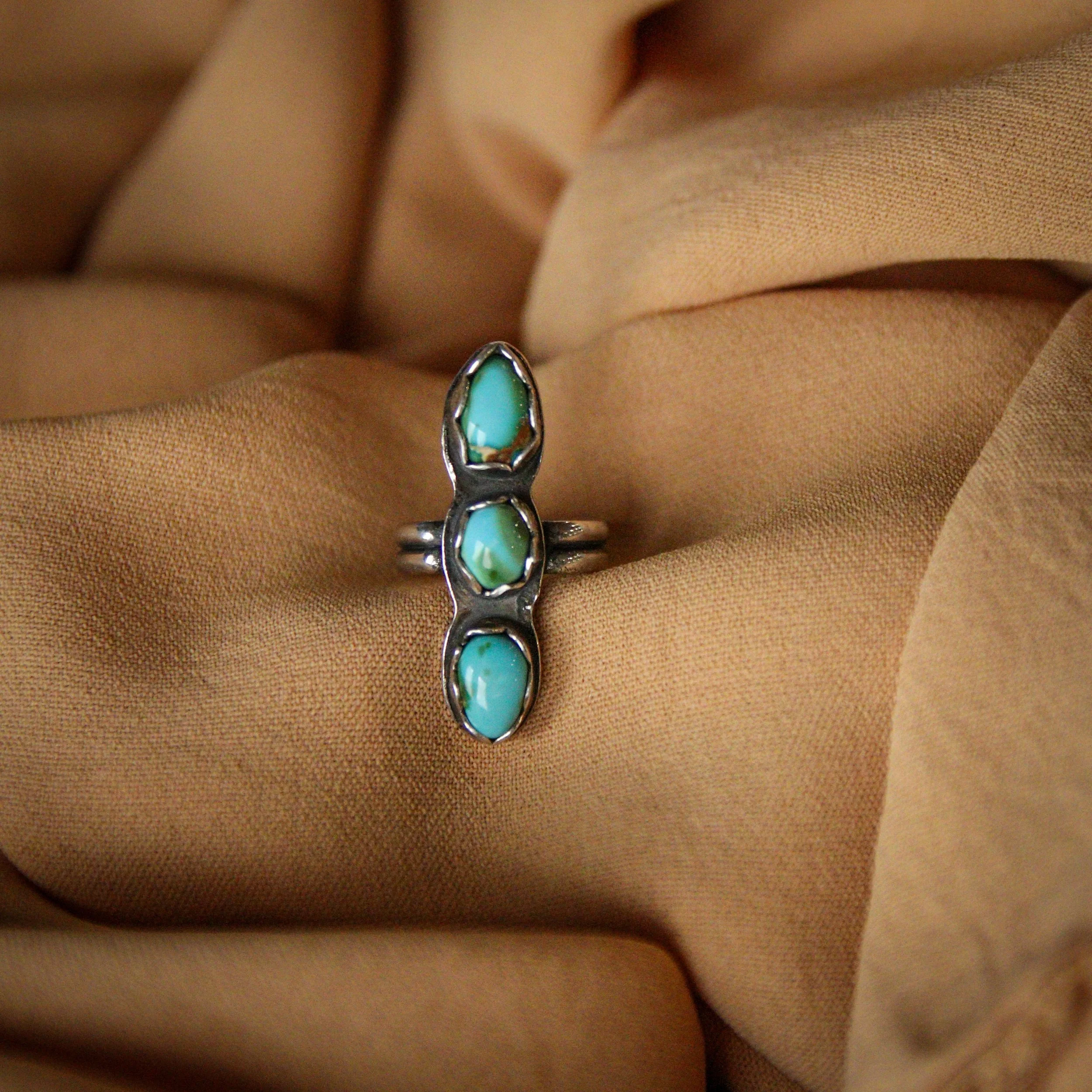River of Three - Triple Gold Hills Turquoise Ring in Sterling Silver – Handmade Jewelry
